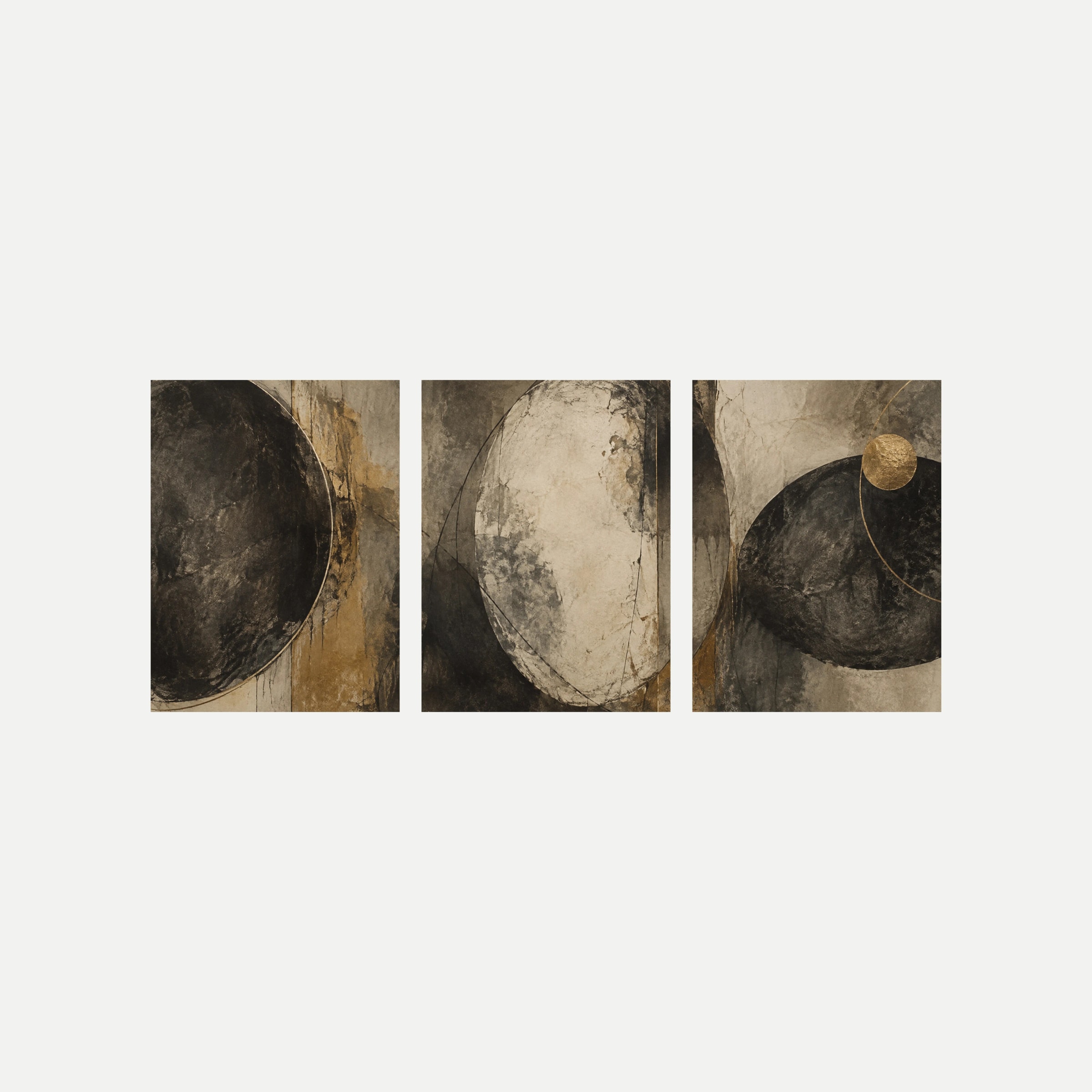 Tres láminas sobre fondo neutro con óvalos carbón y crema de apariencia mineral, líneas curvas y pequeños círculos de color ocre.