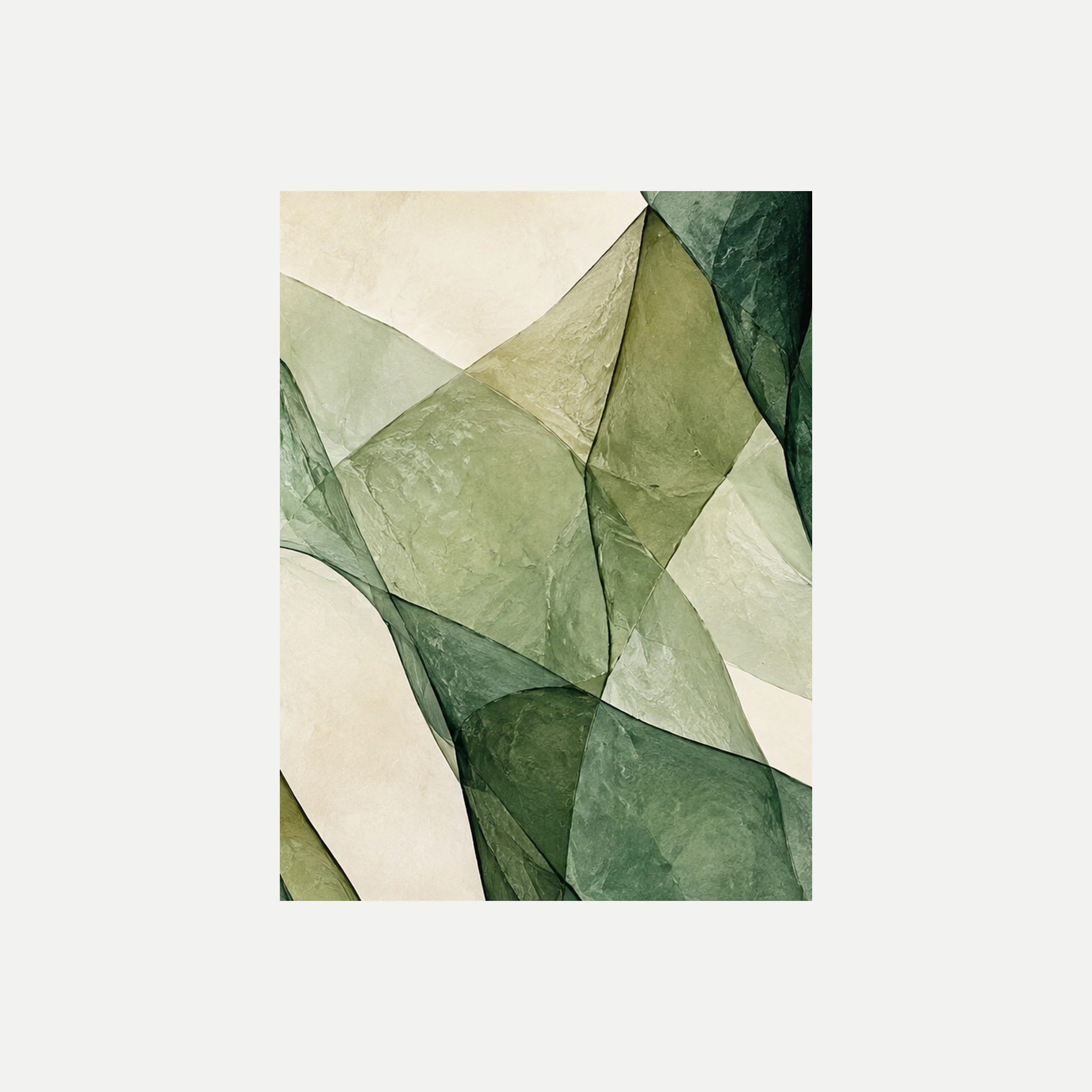 Chlorophyll Veil II: una gran forma salvia vertical entre capas oliva y crema, sin marco, sobre fondo neutro.