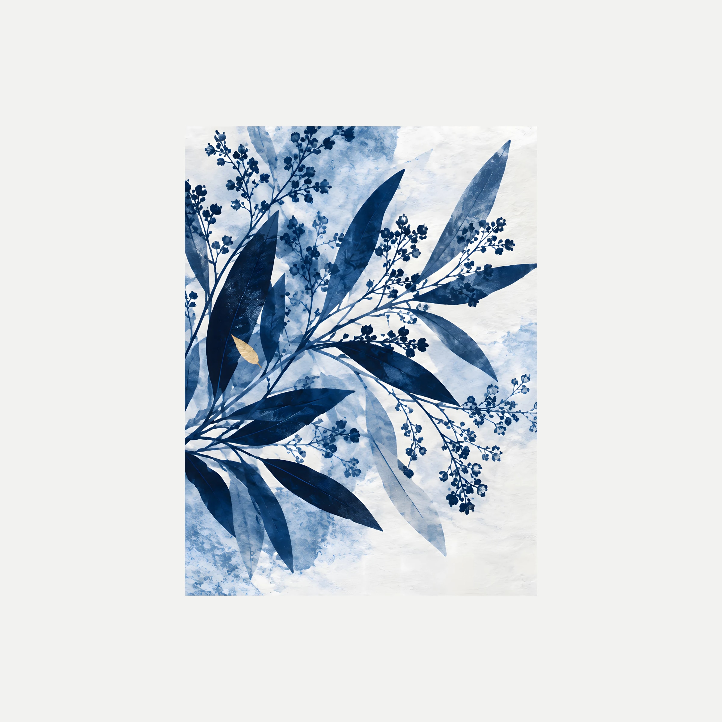 Cyanotype Canopy I: ramas de hojas azules alargadas que se abren desde la parte inferior izquierda, sin marco, sobre fondo neutro.
