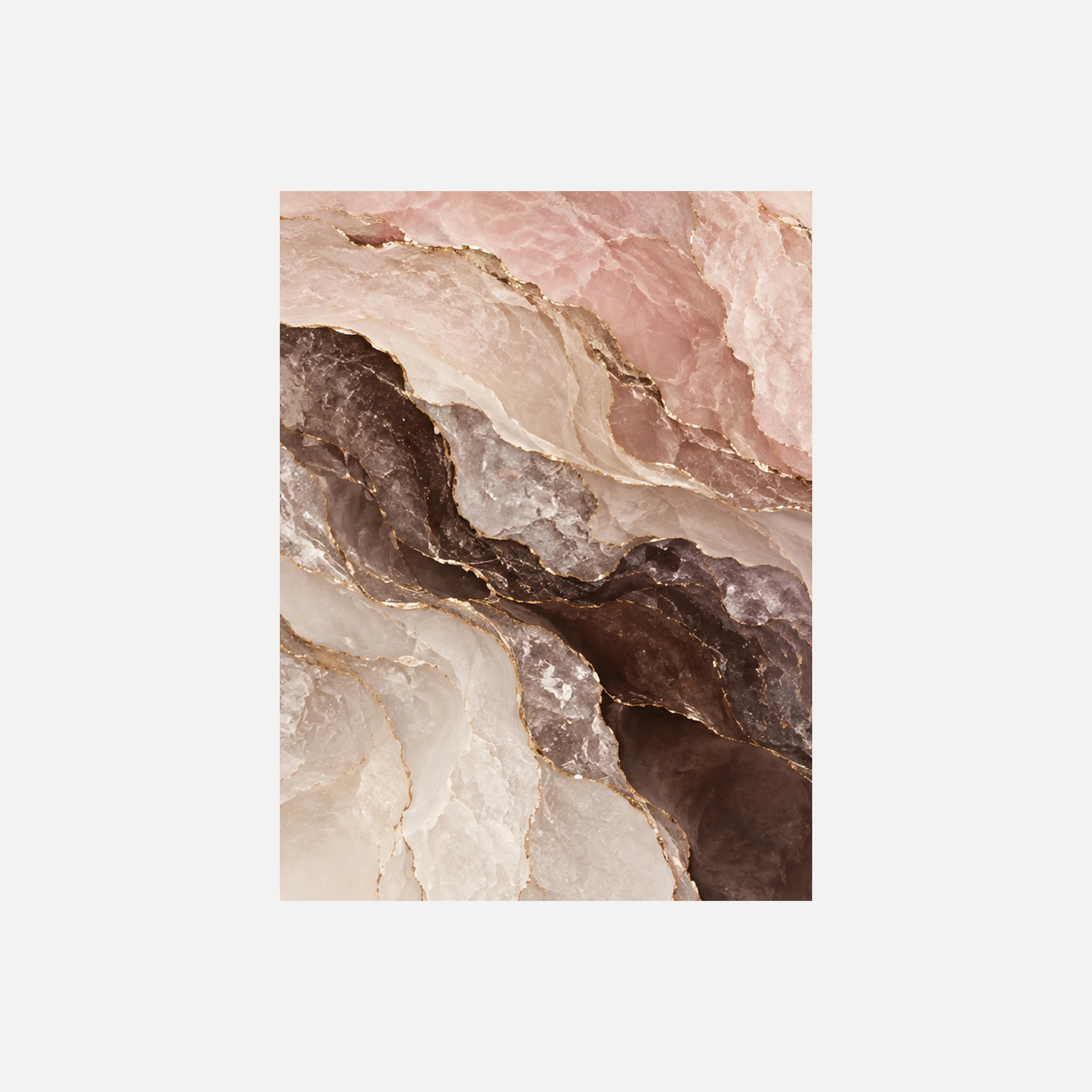 Rose Marble I: bandas minerales rosa y crema junto a una diagonal café oscura, sin marco, sobre fondo neutro.