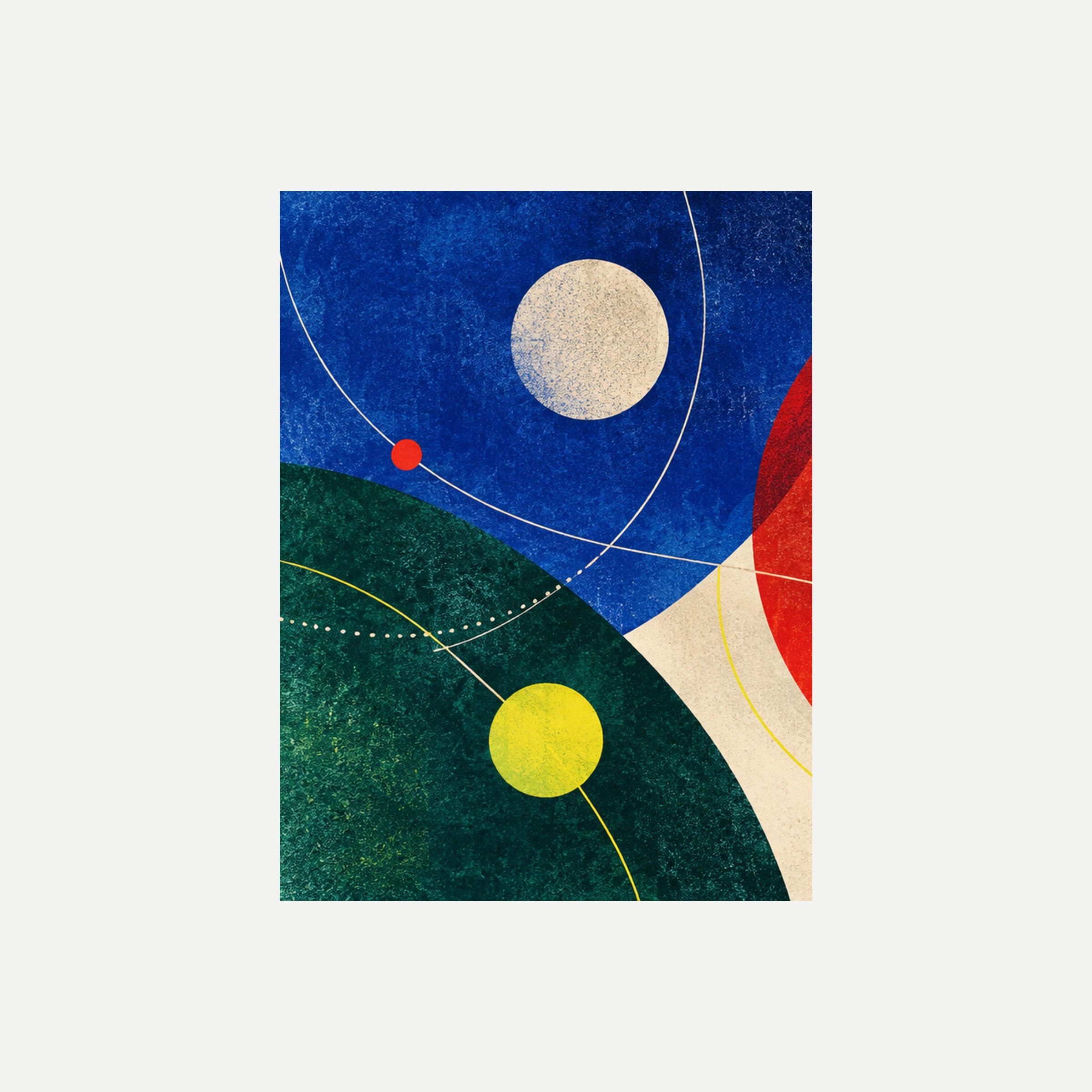Solar System I: círculos crema y amarillo sobre campos azul y verde atravesados por líneas finas, sin marco, sobre fondo neutro.