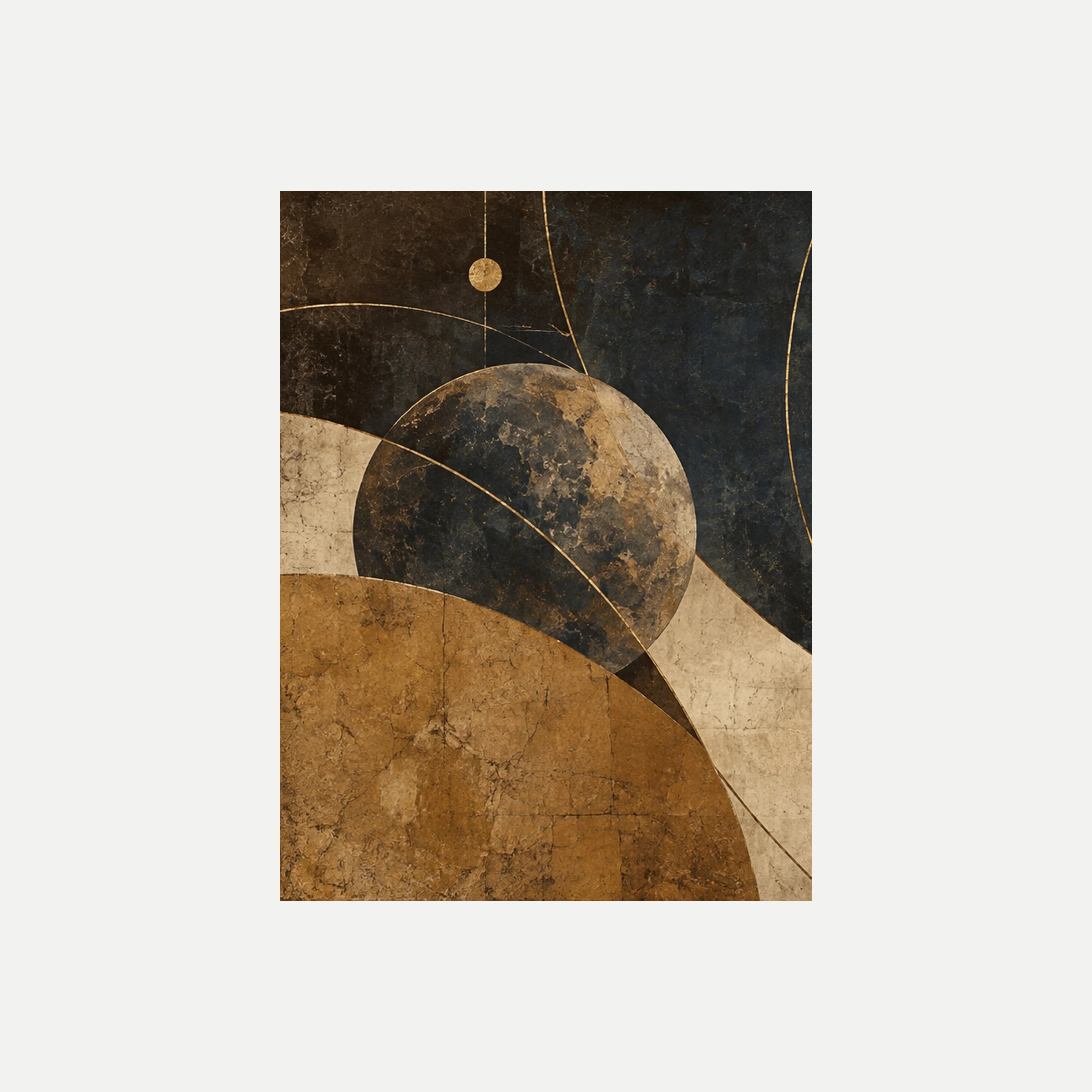 Parchment Moon I: un círculo moteado ocre y gris sobre marrón oscuro con un pequeño punto y líneas curvas, sin marco, sobre fondo neutro.