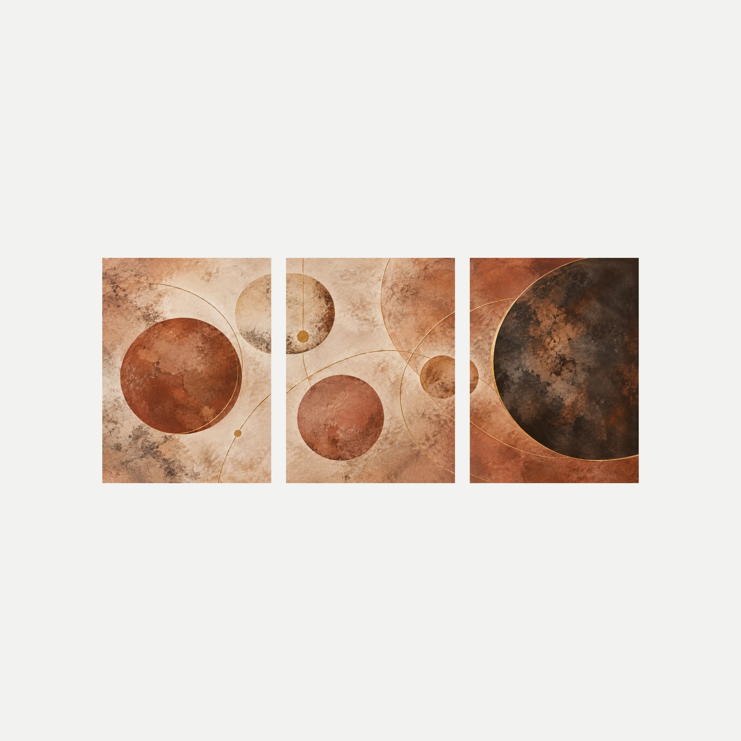 Tres láminas verticales sobre fondo neutro con círculos crema, teja y marrón oscuro enlazados por finas curvas de color dorado.