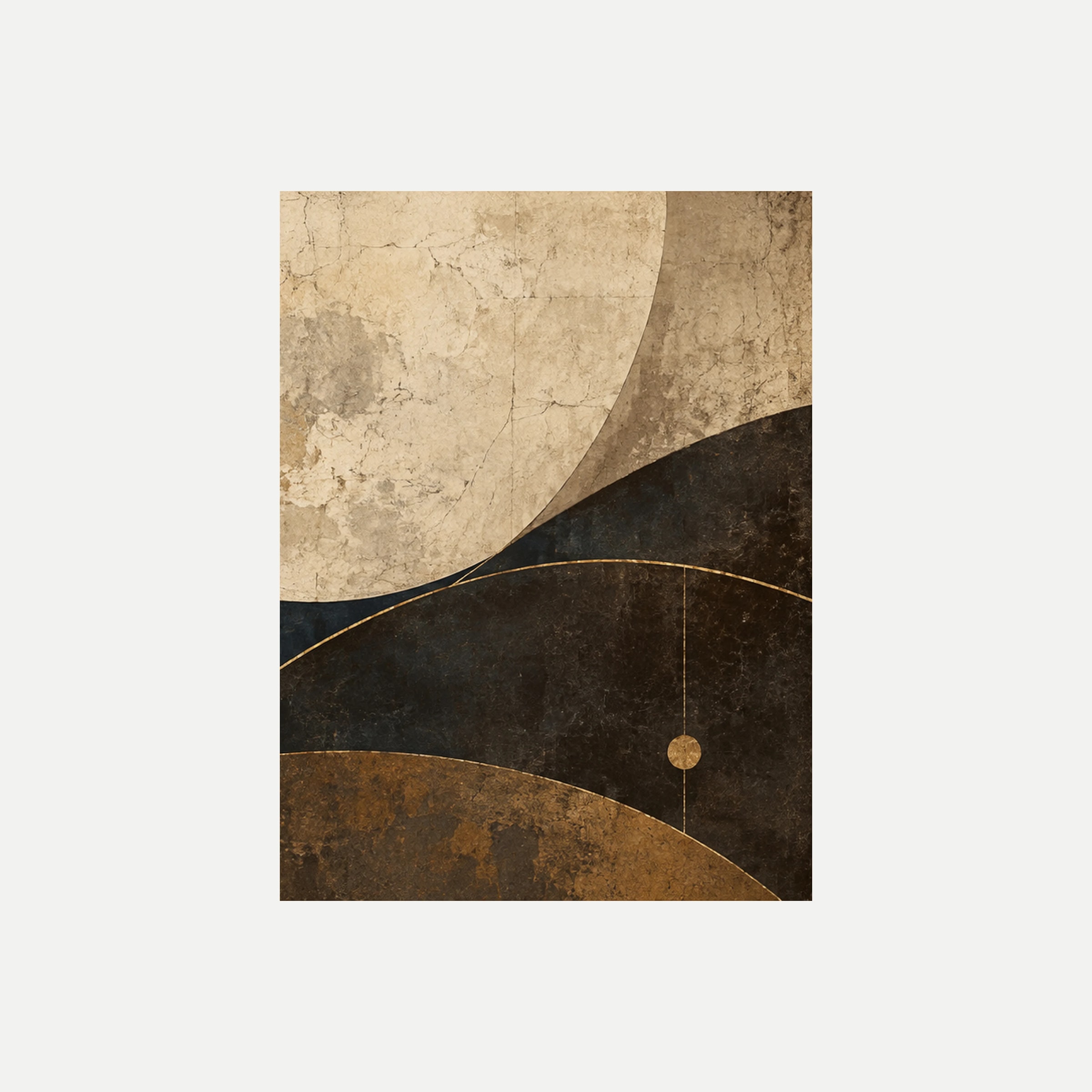 Parchment Moon III: una gran forma circular crema sobre curvas marrones y ocres con un pequeño punto claro, sin marco, sobre fondo neutro.