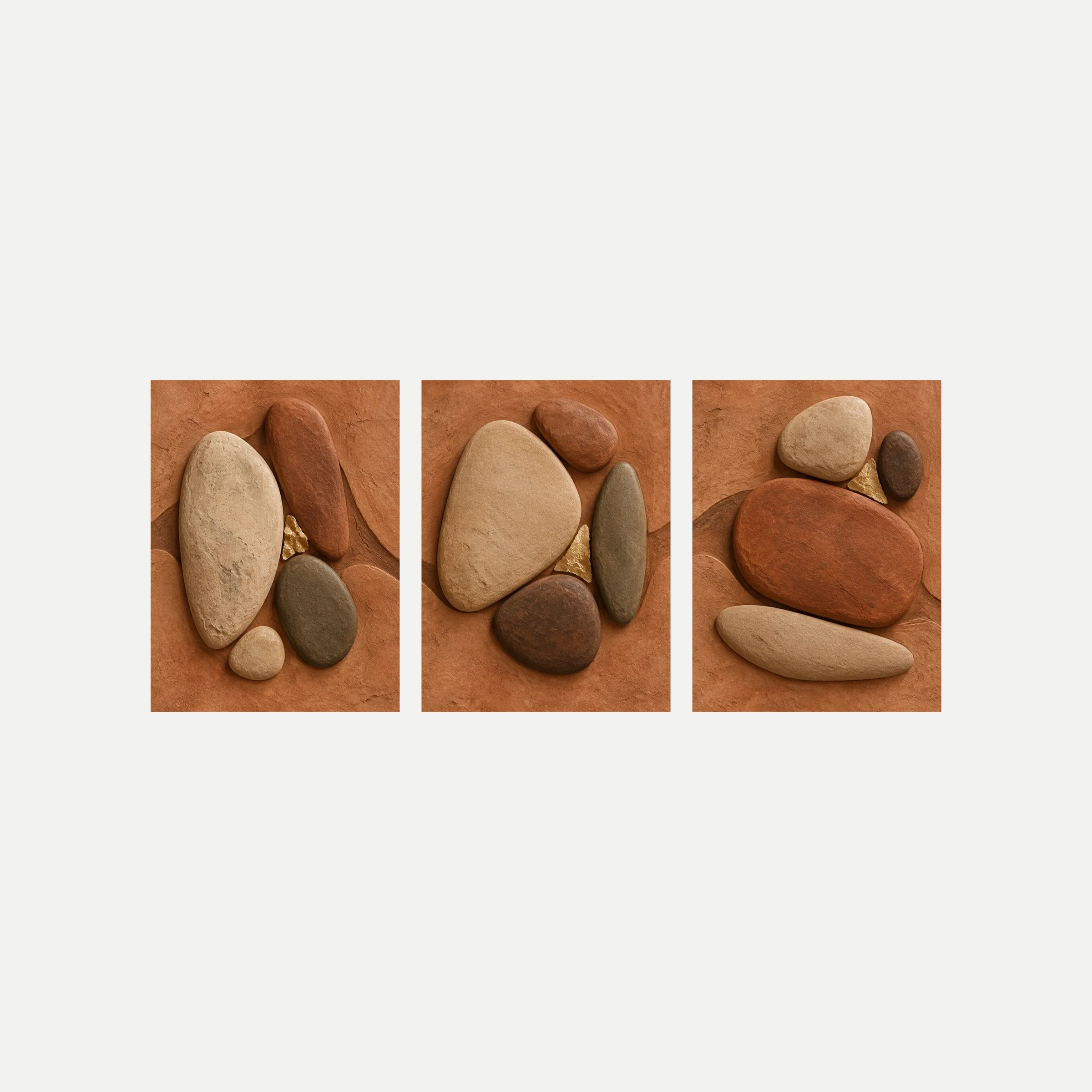Tres paneles sobre fondo neutro con grupos de piedras redondeadas arena, terracota y gris oliva sobre fondos de color arcilla.