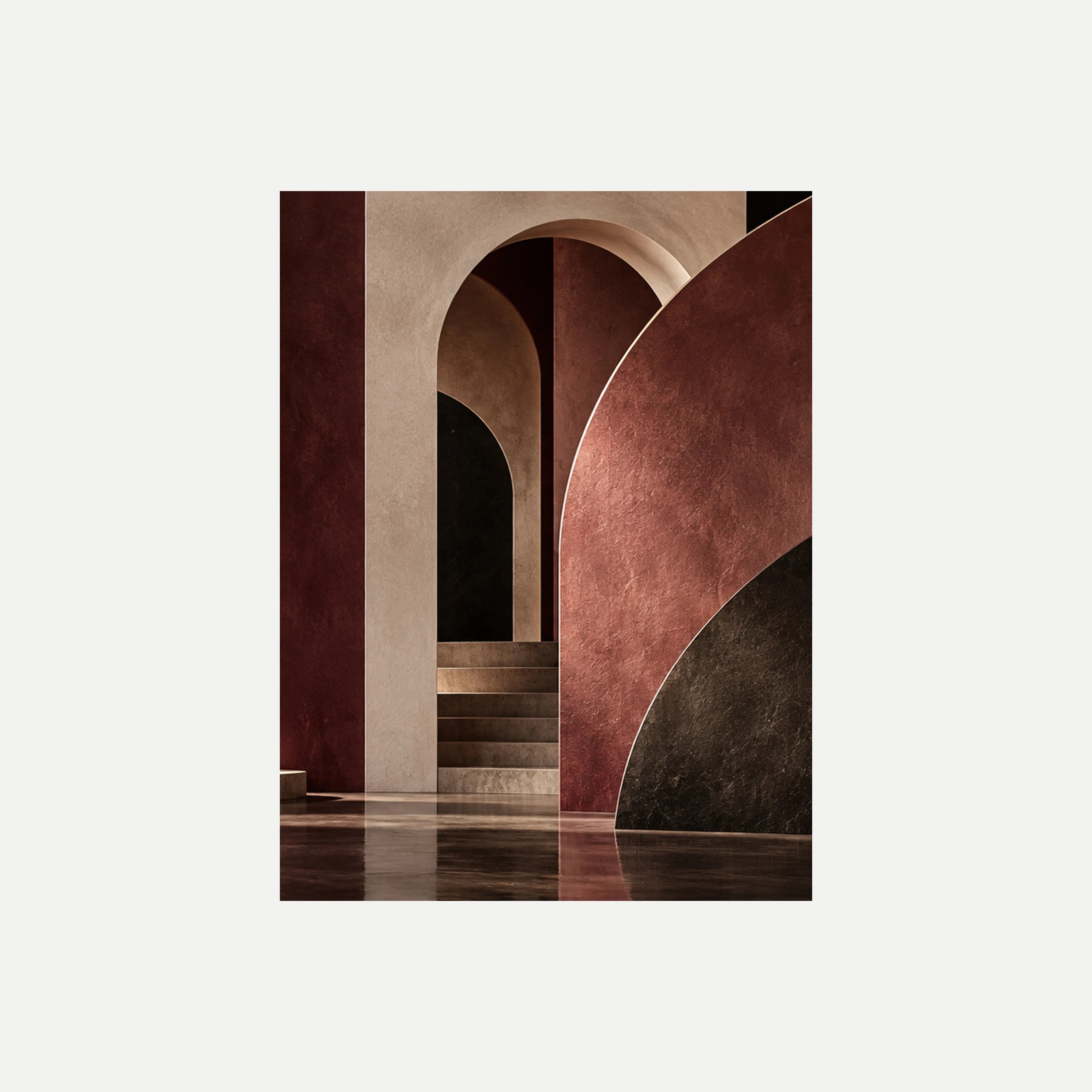 Rosewood Arch III: dos arcos burdeos y una gran curva negra sobre planos claros, sin marco, sobre fondo neutro.