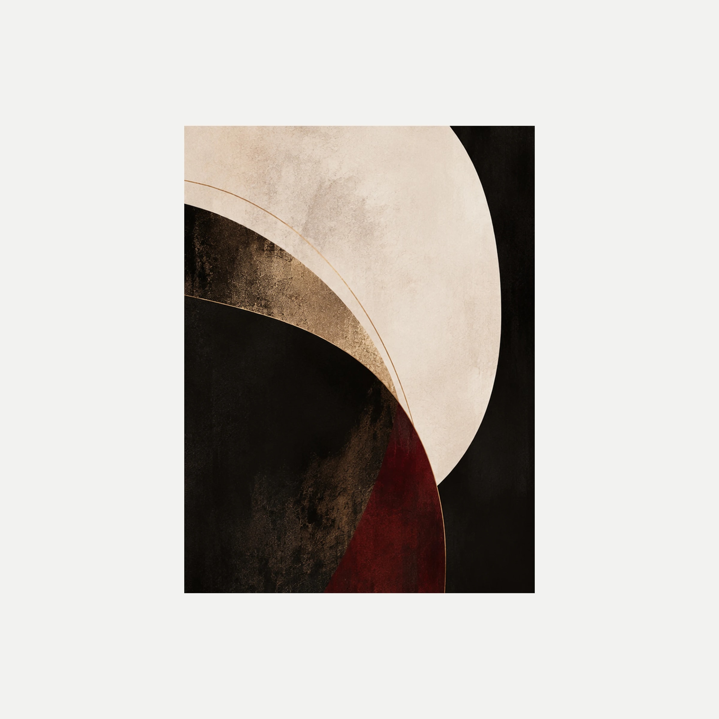 Noir Boutique I: un gran arco crema entre negro, burdeos y una franja ocre, sin marco, sobre fondo neutro.