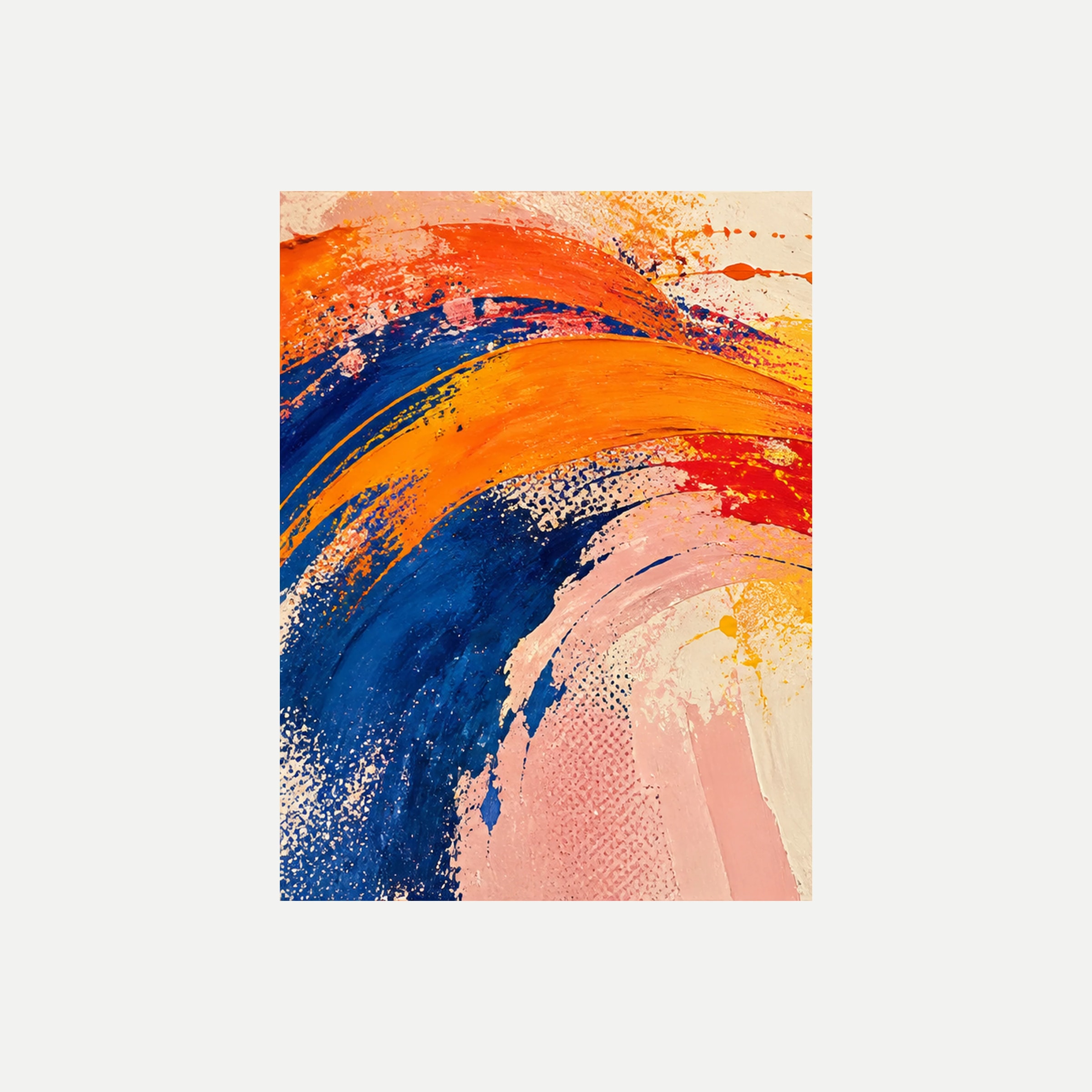Citrus Bend I: bandas arqueadas azules, naranjas y amarillas sobre zonas crema y rosa, sin marco, sobre fondo neutro.