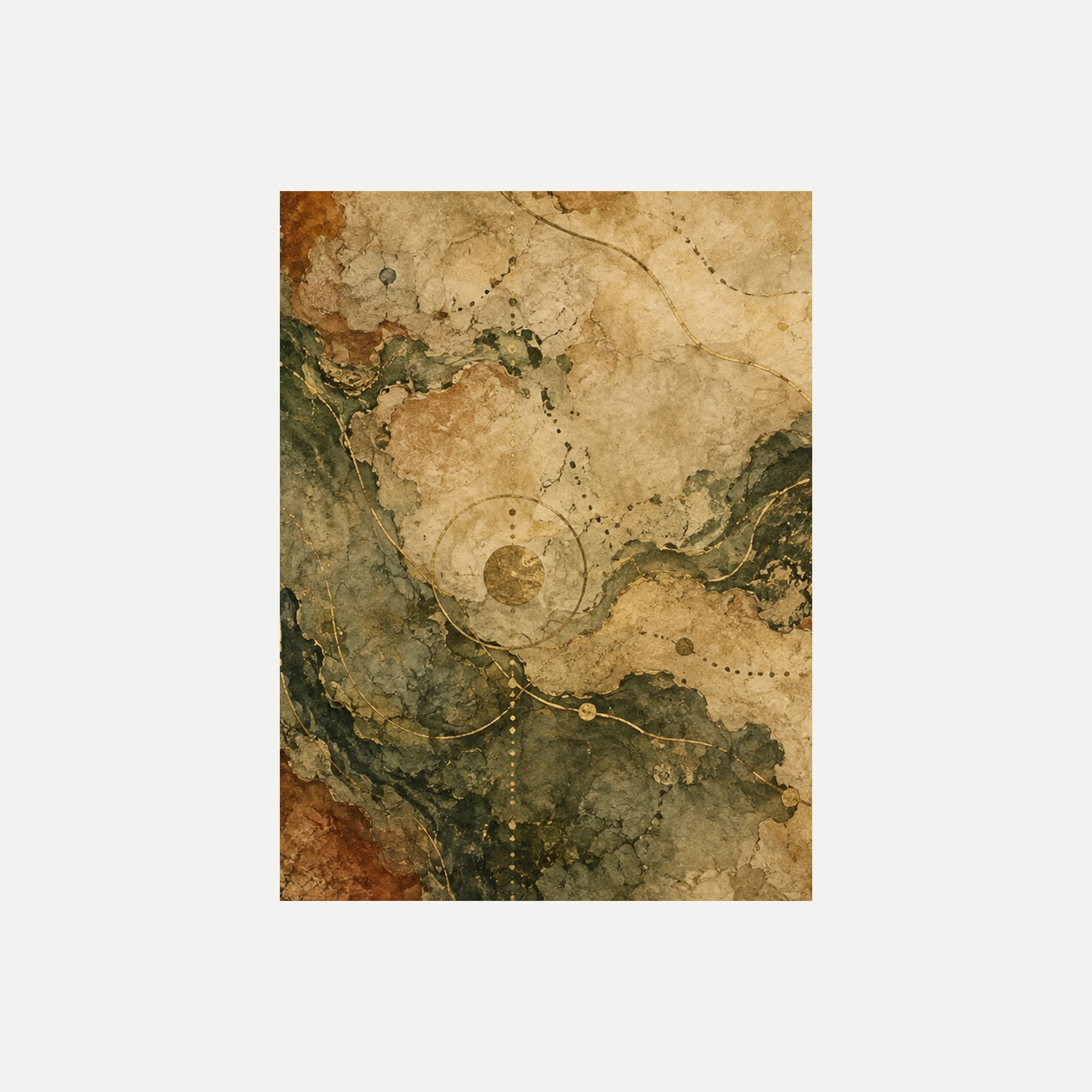 Gilded Map II: una amplia zona crema diagonal entre manchas verdes y rojizas con pequeños círculos, sin marco, sobre fondo neutro.