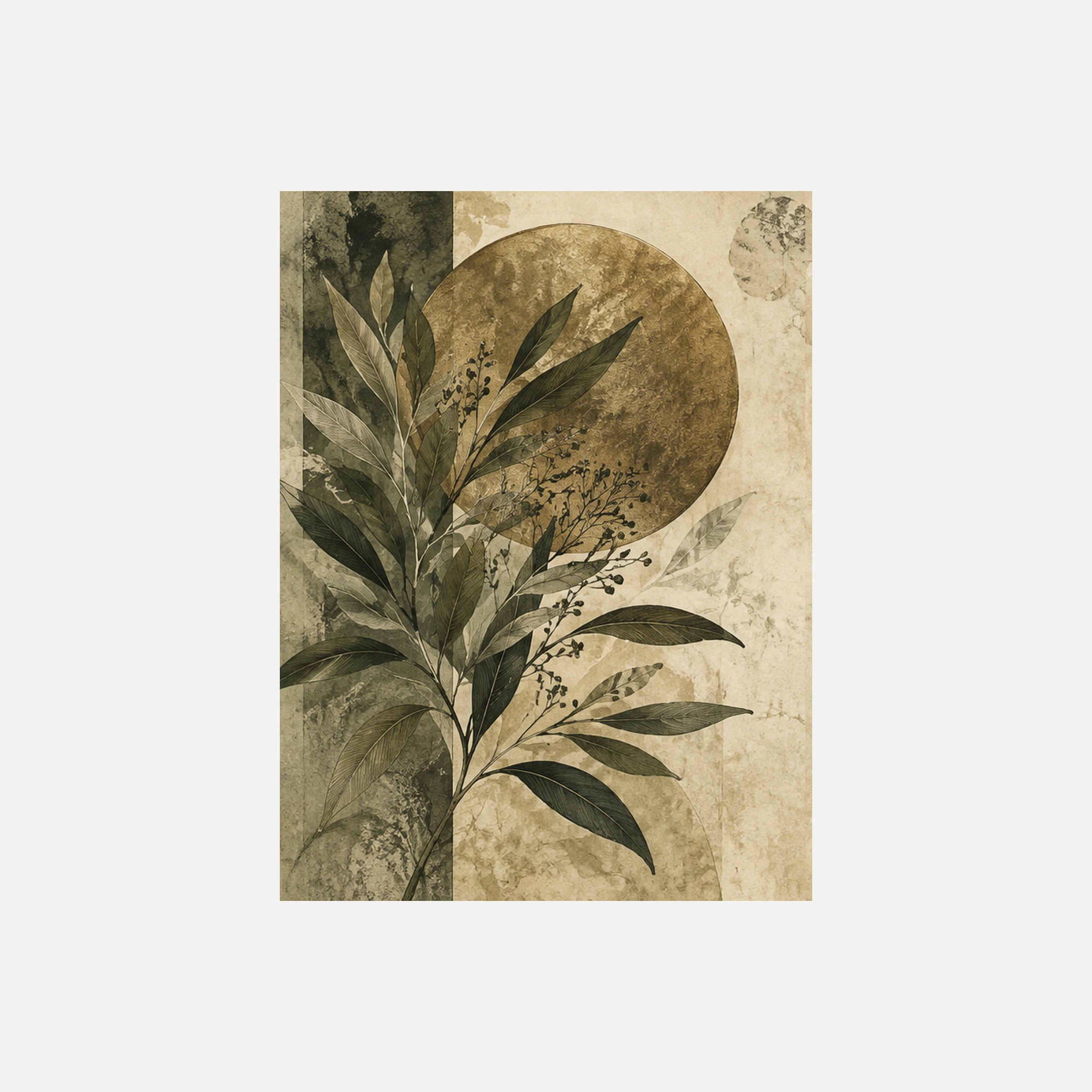 Olive Etching I: una rama de hojas alargadas verde oliva delante de un gran círculo de tono ocre, sin marco, sobre fondo neutro.