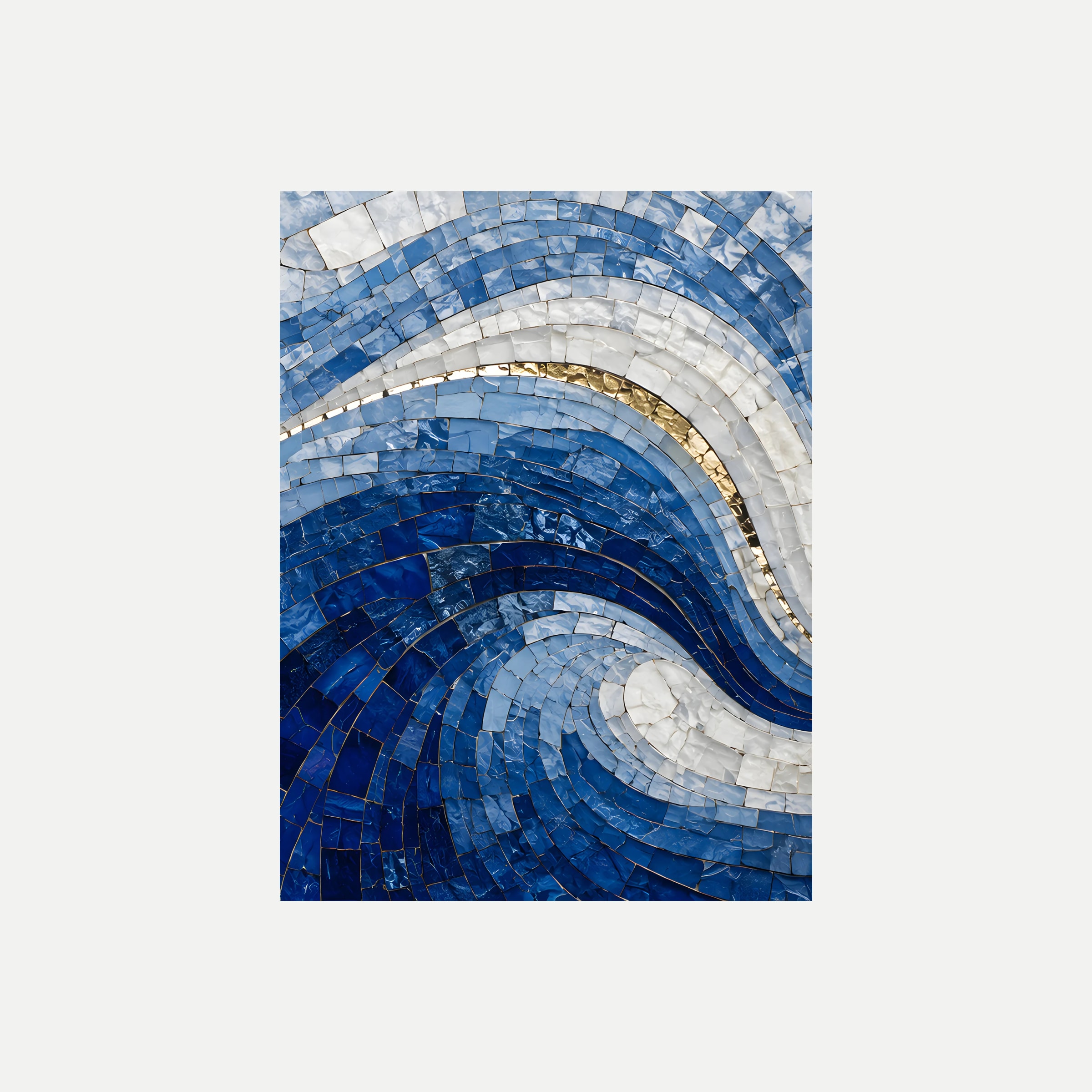Tidal Tesserae III: una onda de pequeñas piezas azules y blancas con una línea cálida, sin marco, sobre fondo neutro.