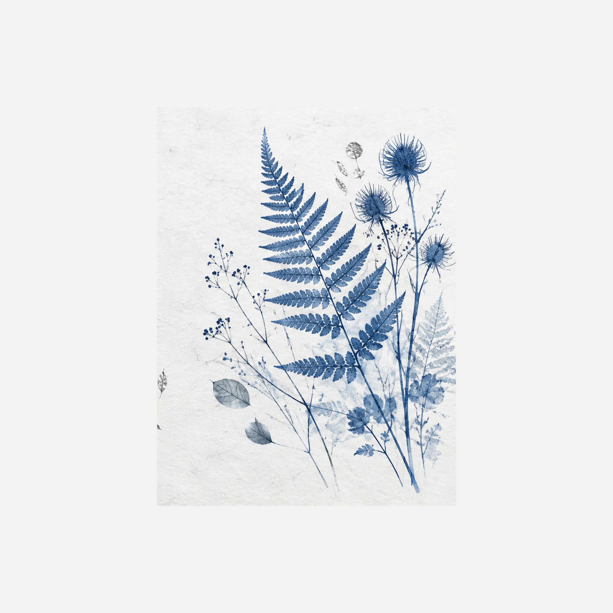 Blue Herbarium III: un helecho azul junto a flores redondeadas y ramas de hojas pequeñas, sin marco, sobre fondo neutro.
