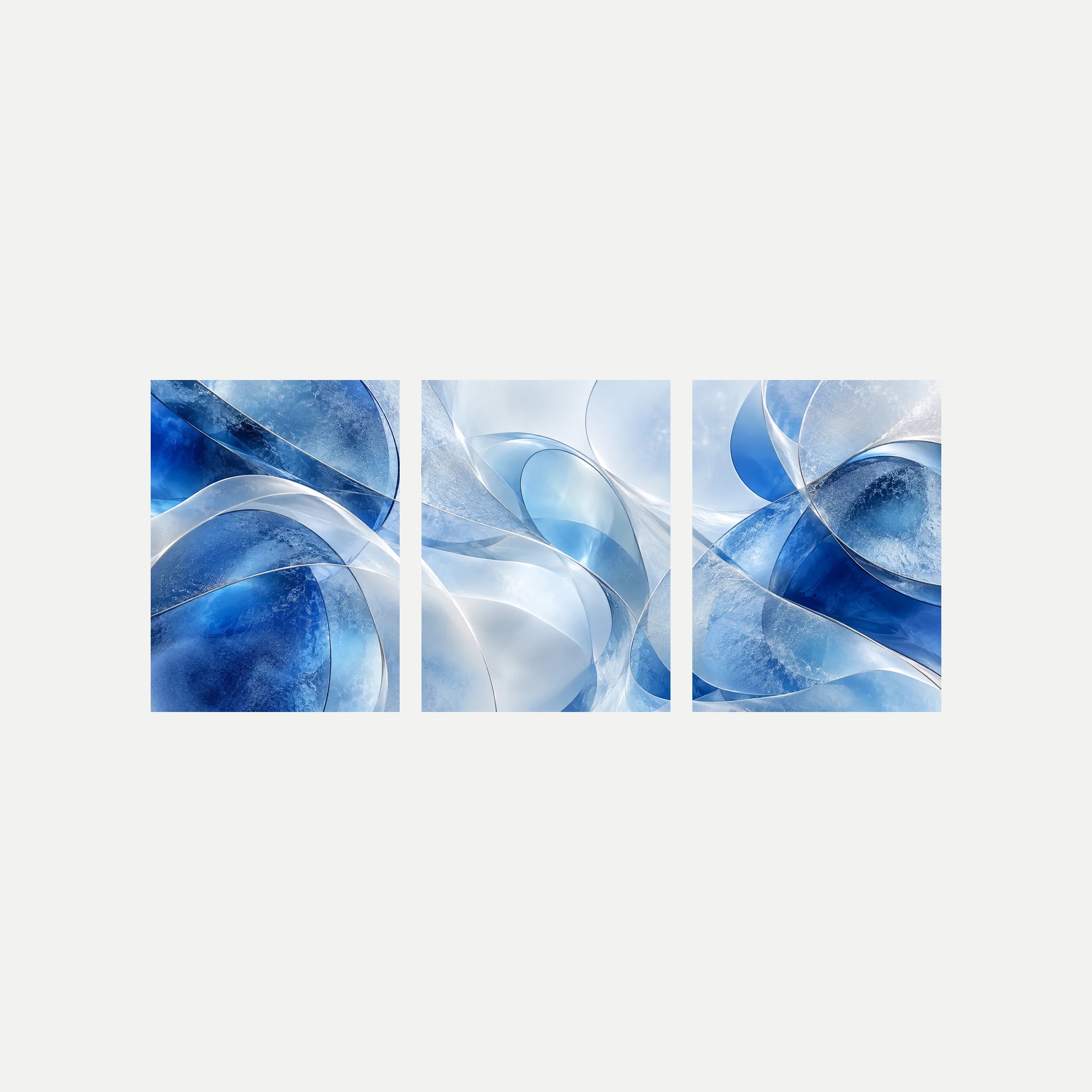 Tres paneles sin marco sobre fondo neutro con formas curvas azules y blancas superpuestas, bordes finos y transparencias representadas.
