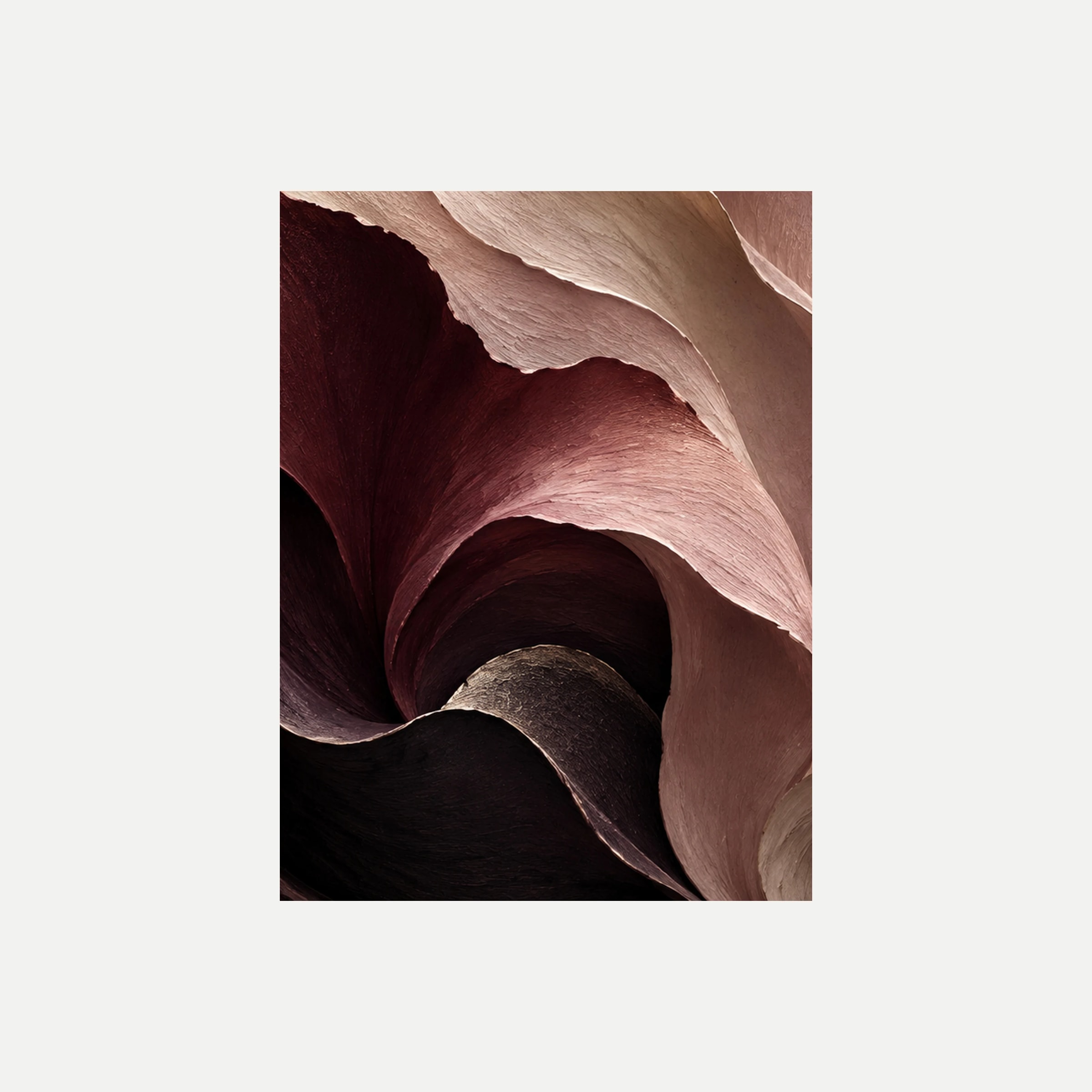 Petal Noir II: un remolino de pétalos abstractos burdeos, rosa y crema, sin marco, sobre fondo neutro.