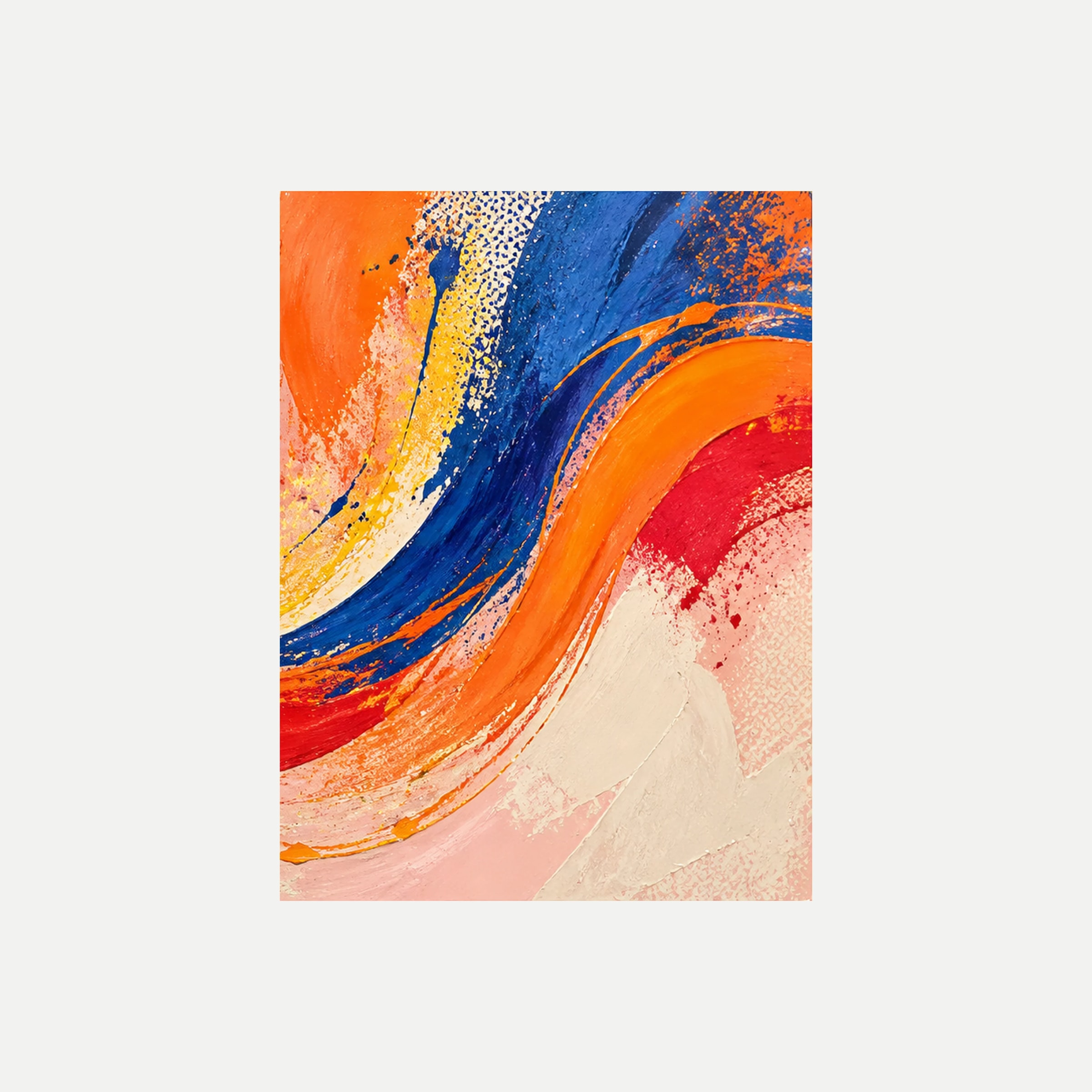 Citrus Bend III: una curva azul ascendente entre franjas naranjas, rojas y amarillo vivo, sin marco, sobre fondo neutro.