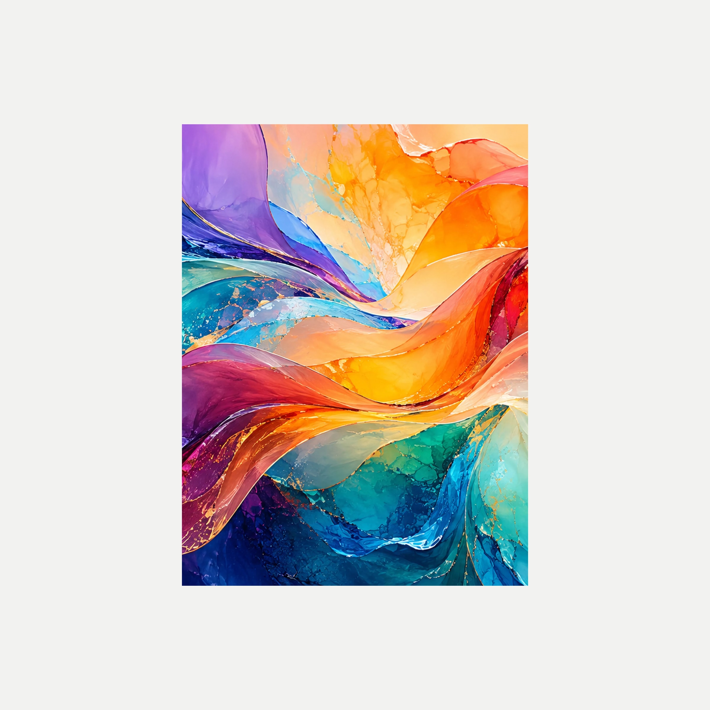 Prism Tides II: una corriente naranja y amarilla rodeada de curvas violetas y azul verdoso, sin marco, sobre fondo neutro.