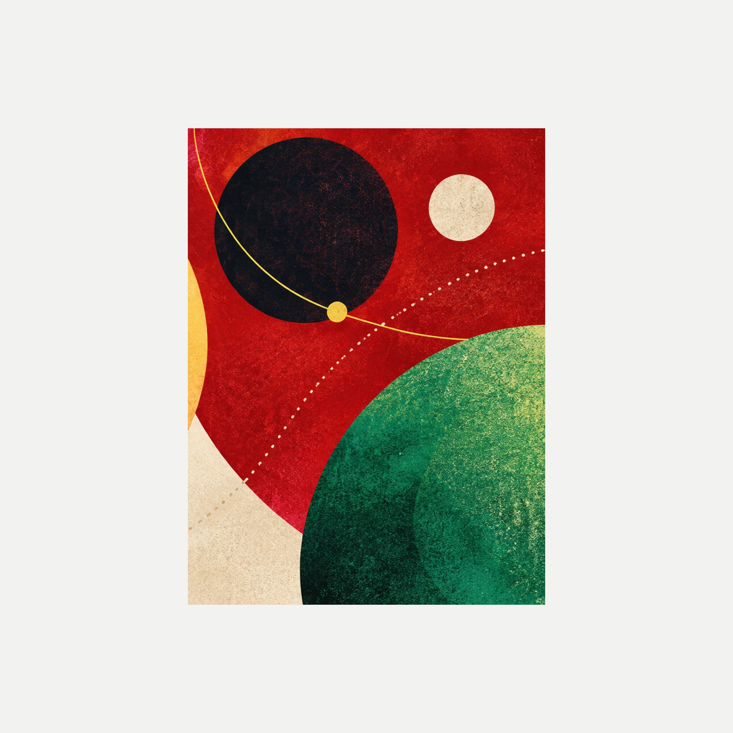Solar System III: un círculo negro sobre rojo y una curva verde con pequeñas órbitas claras, sin marco, sobre fondo neutro.