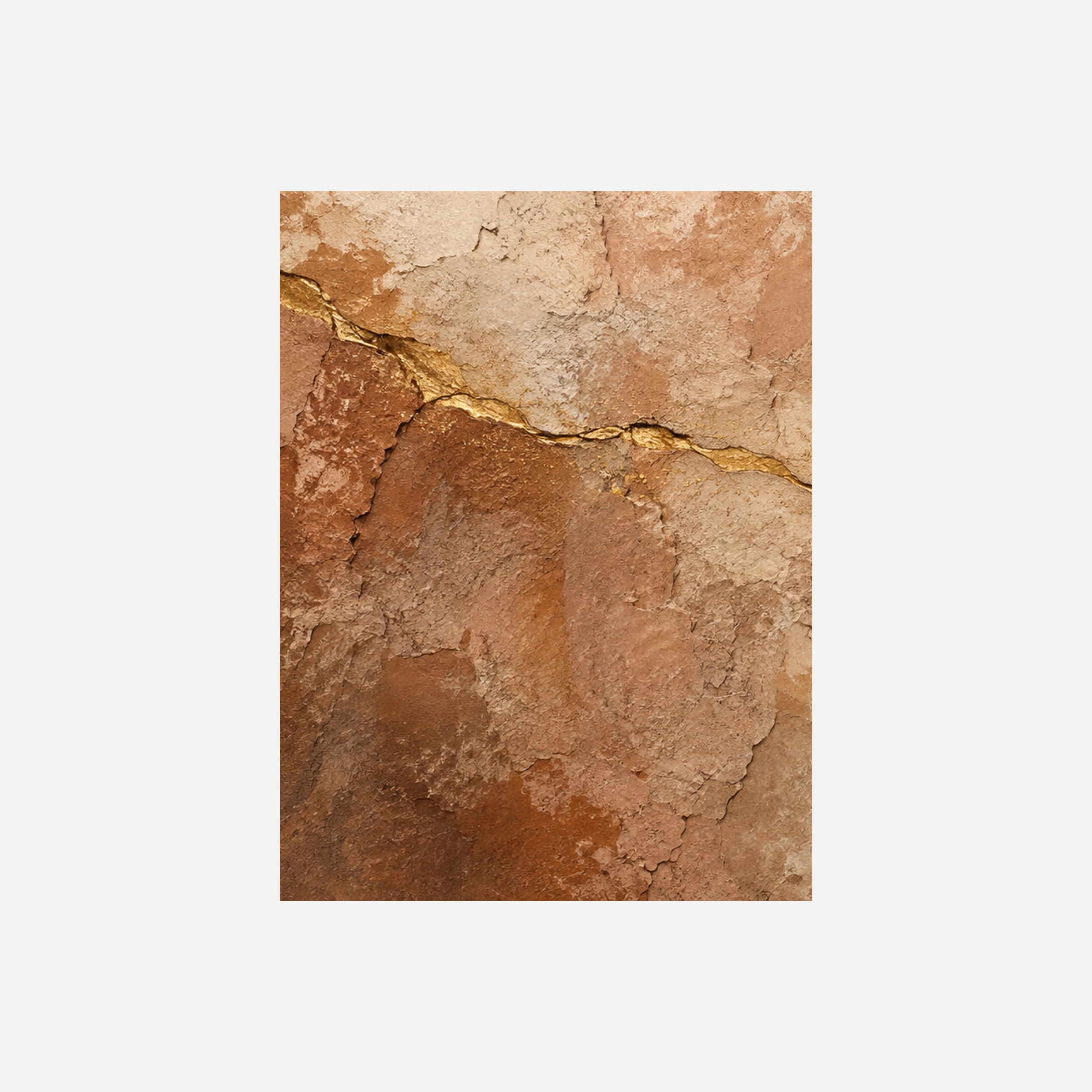Veta de cobre I: áreas rojizas y crema separadas por una fina línea irregular de tono dorado, sin marco, sobre fondo neutro.