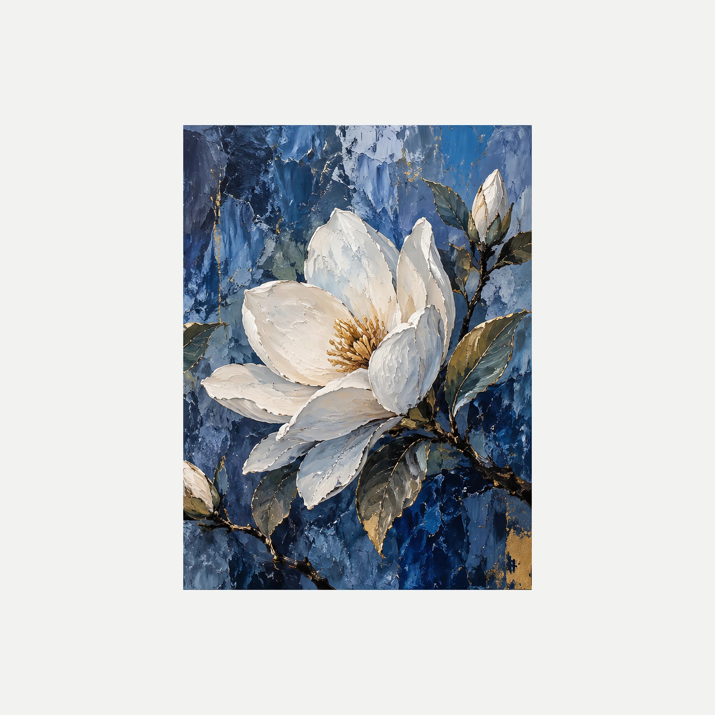Jardín de nácar III: una magnolia clara orientada de lado con capullos y hojas oscuras, sin marco, sobre fondo neutro.