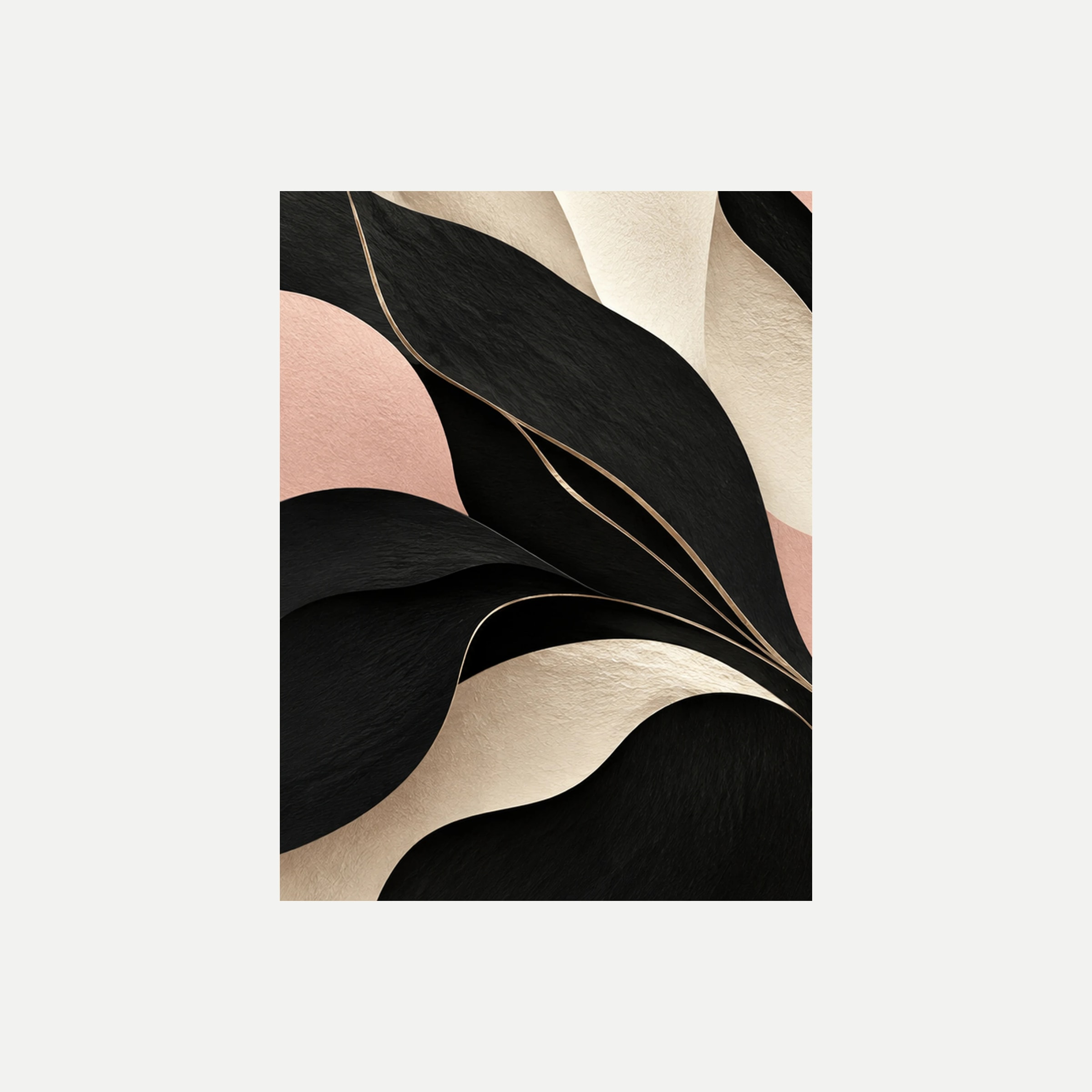 Tuxedo Bloom I: hojas abstractas negras de bordes curvos sobre crema y rosa pálido, sin marco, sobre fondo neutro.