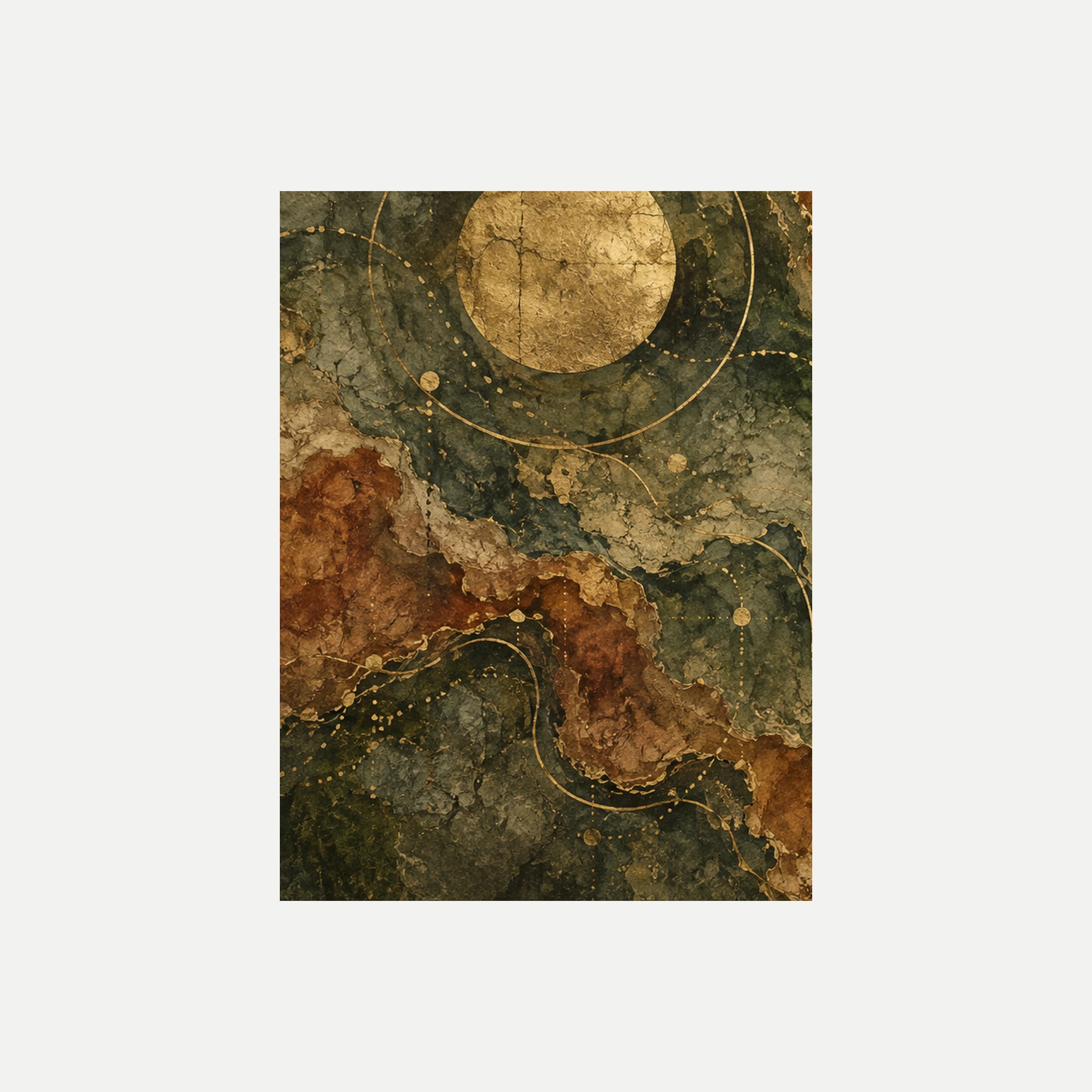 Gilded Map I: un gran círculo ocre sobre campos verdes y rojizos con finos contornos orbitales, sin marco, sobre fondo neutro.