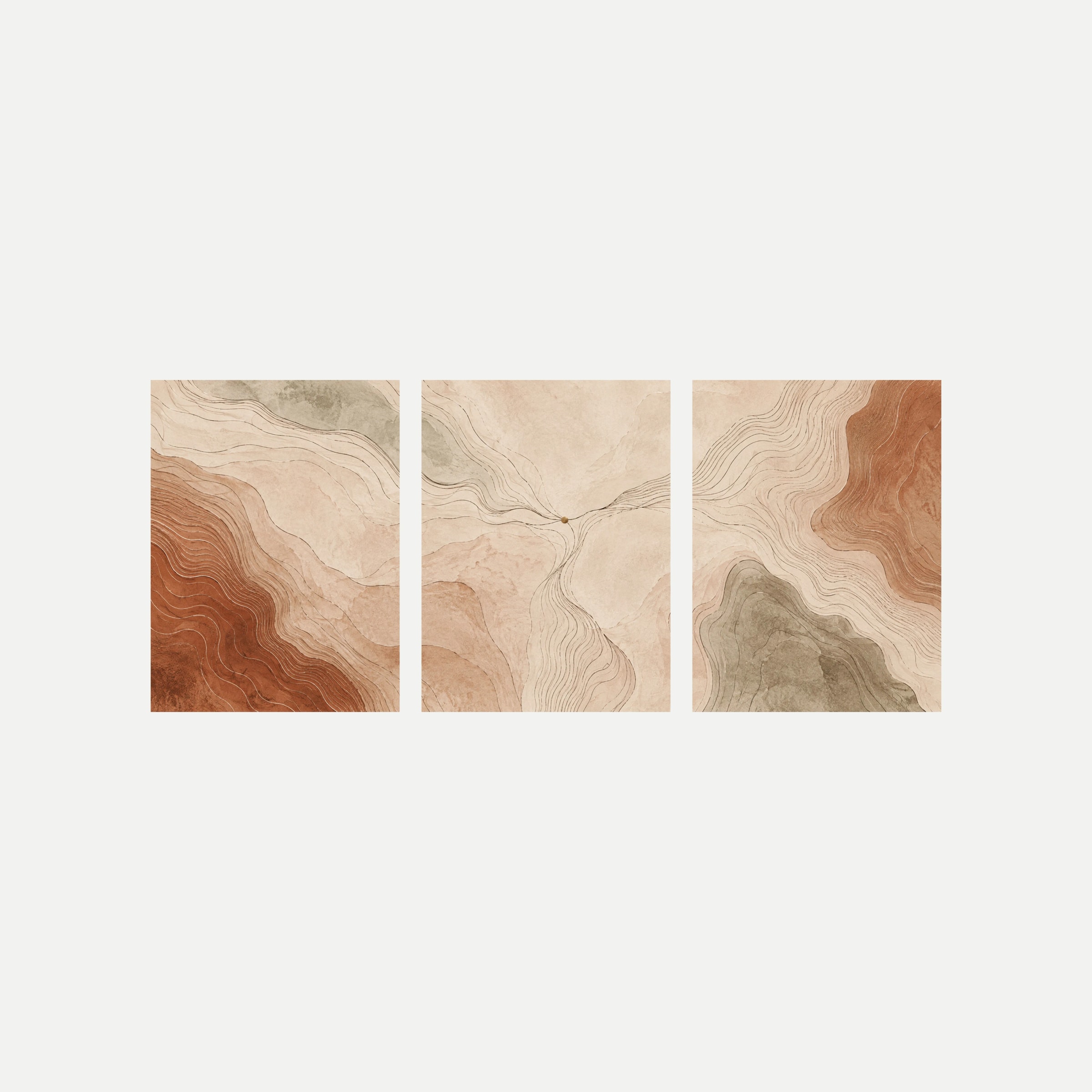 Tres paneles sobre fondo neutro con líneas topográficas onduladas sobre formas crema, terracota y verde grisáceo.
