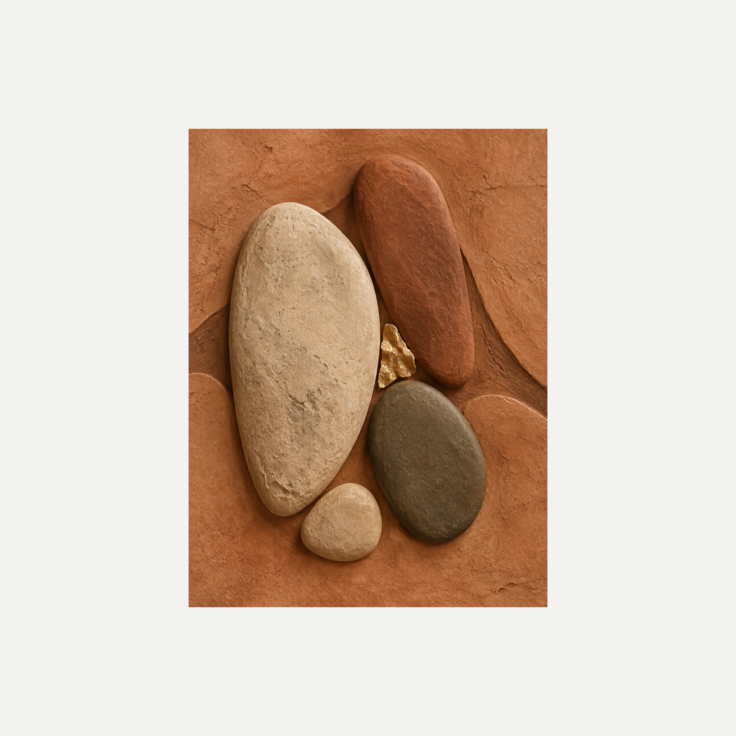 Stone Garden I: piedras ovaladas representadas en crema, terracota y verde oliva con una pequeña clara, sin marco, sobre fondo neutro.