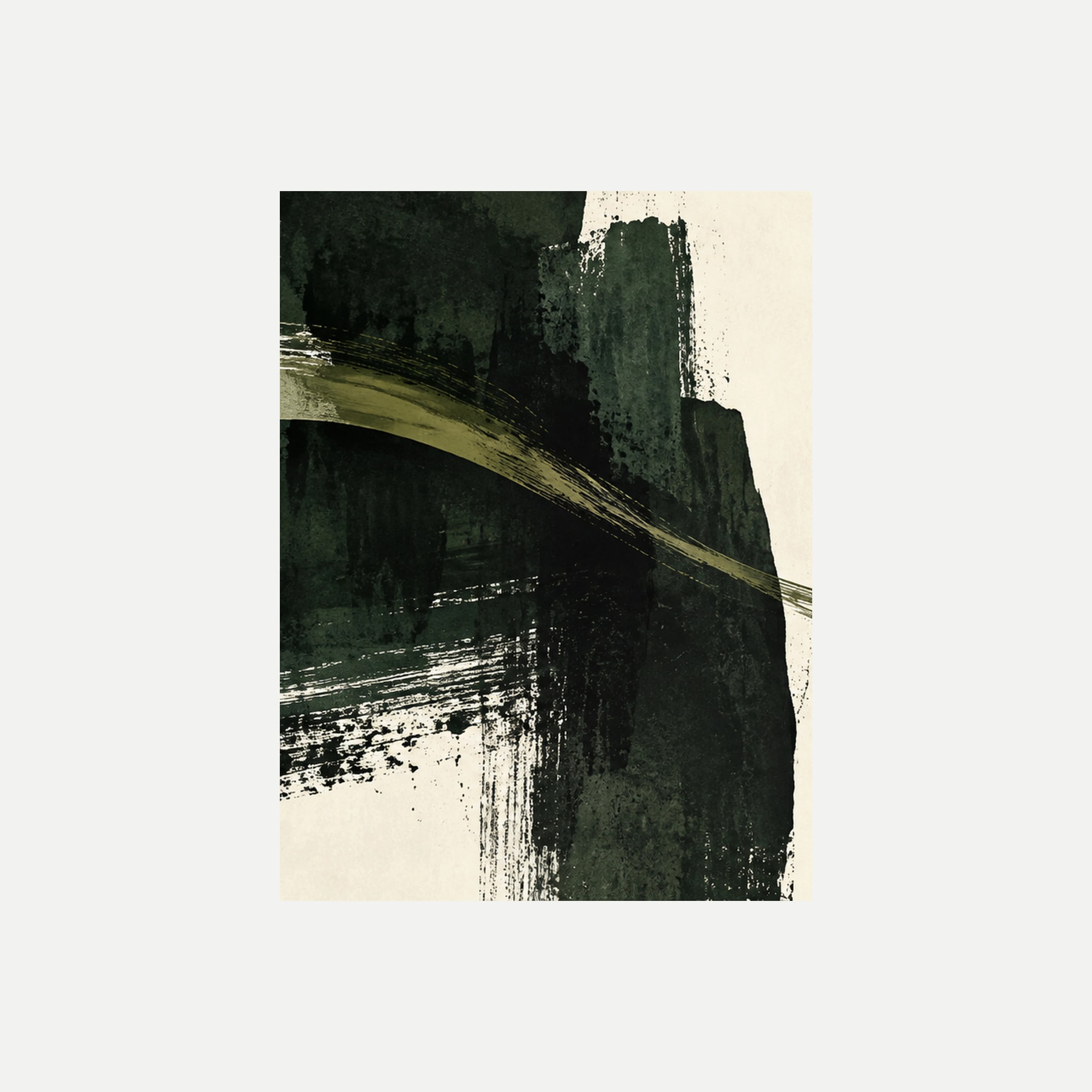 Ink Grove I: un trazo verde casi negro con una línea oliva que desciende, sin marco, sobre fondo neutro.