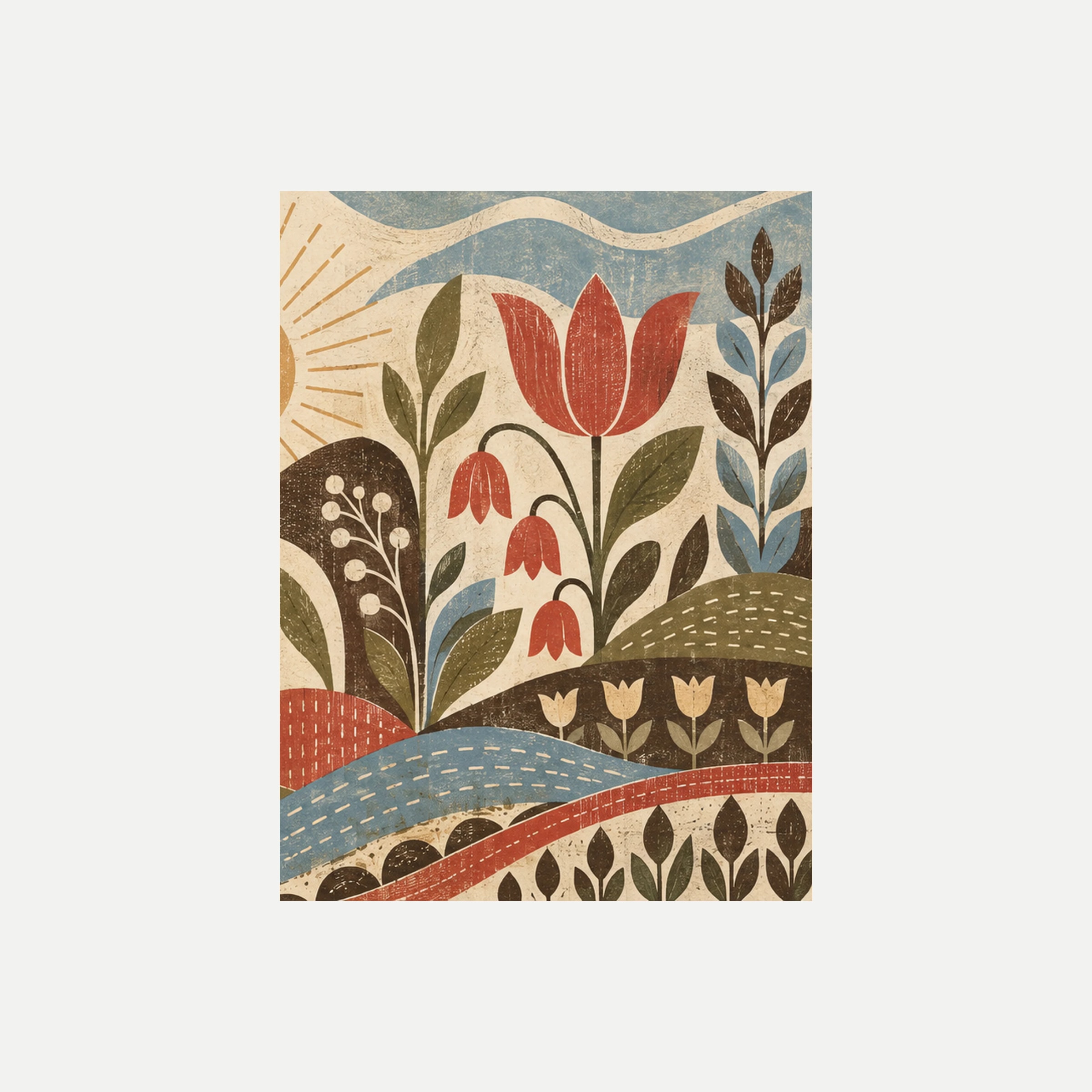Soft Folk III: un tulipán rojo entre hojas oliva y flores rojas inclinadas sobre una banda azul, sin marco, sobre fondo neutro.
