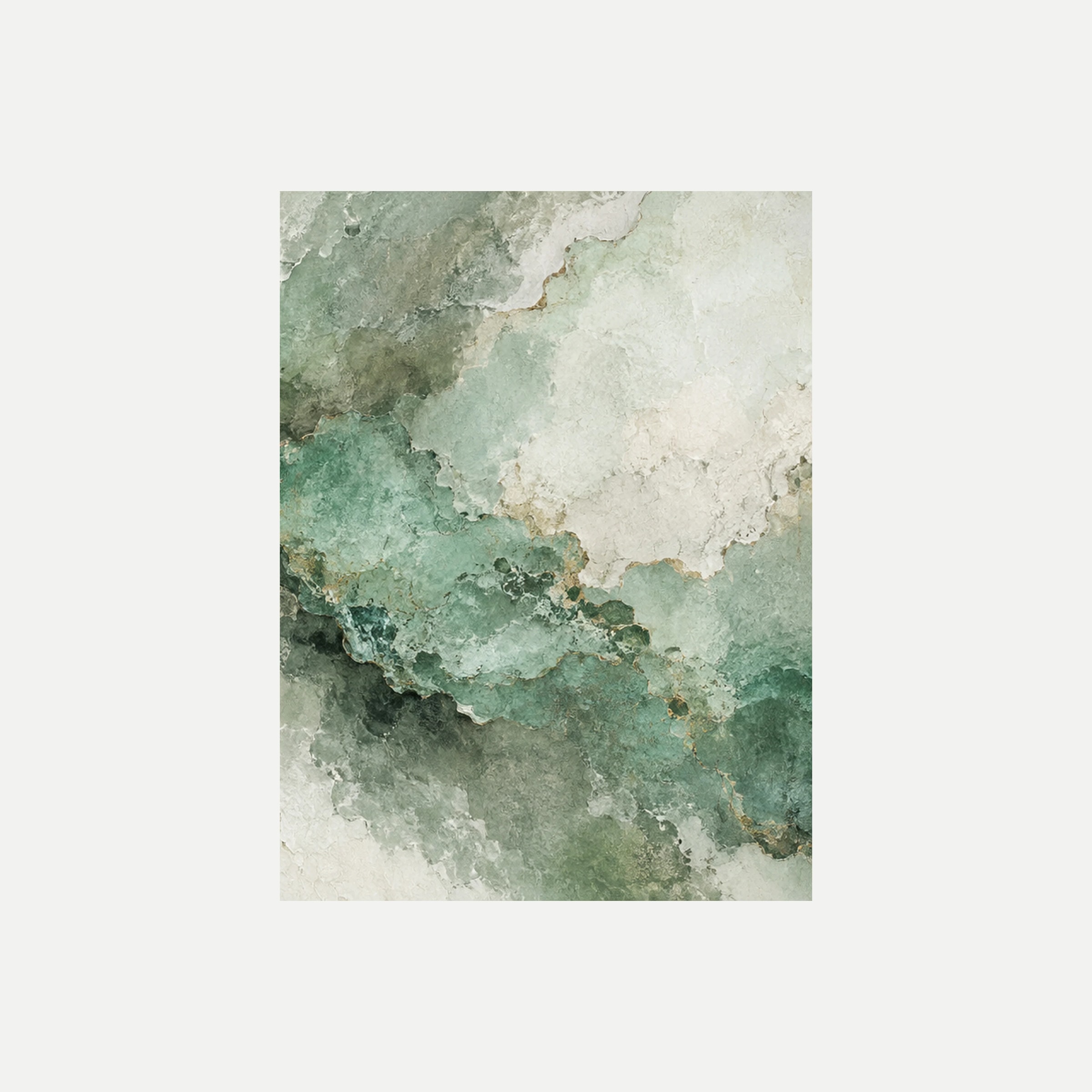Verdigris Bloom III: manchas claras de bordes orgánicos sobre un fondo verde salvia, sin marco, sobre fondo neutro.