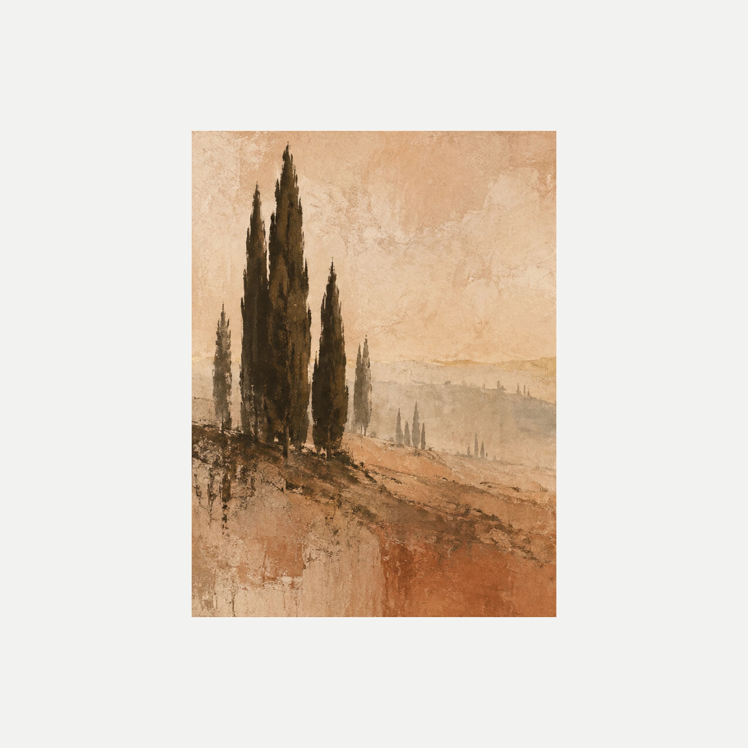 Cipreses de siena I: altos cipreses agrupados en la ladera izquierda ante colinas claras y árboles lejanos, sin marco, sobre fondo neutro.