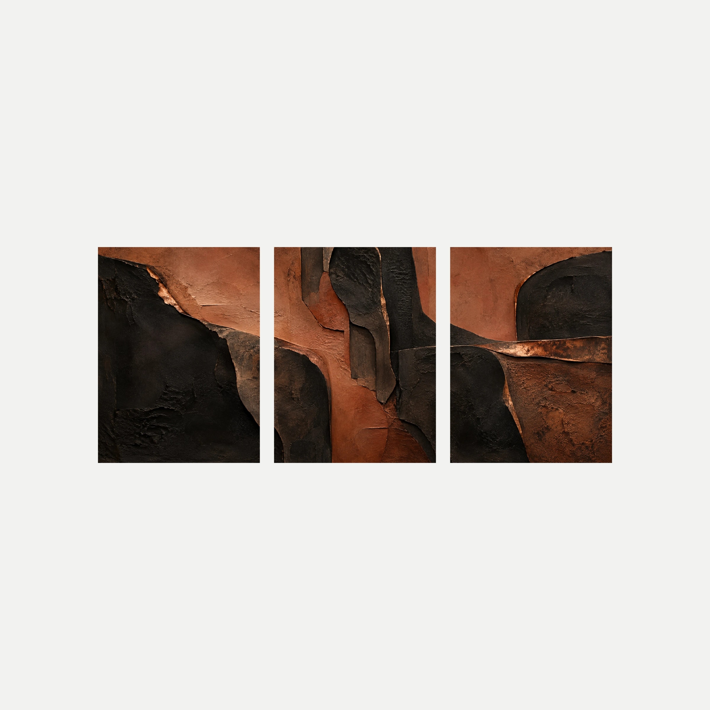 Tres láminas sobre fondo neutro con bloques negros irregulares sobre campos terracota y pequeños bordes luminosos de color cobrizo.