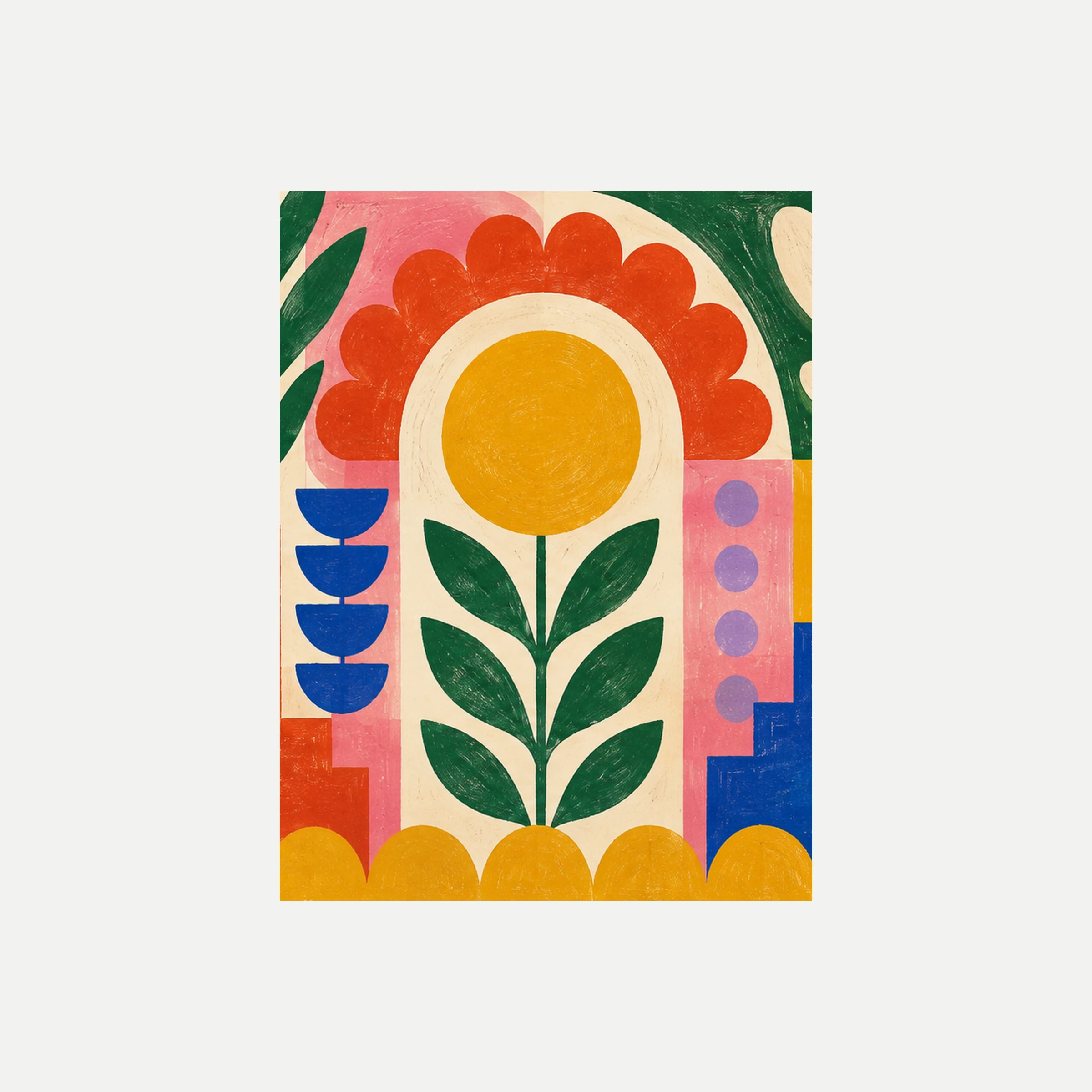 Modern Folk II: una flor coral de centro amarillo sobre un tallo verde entre columnas de colores, sin marco, sobre fondo neutro.