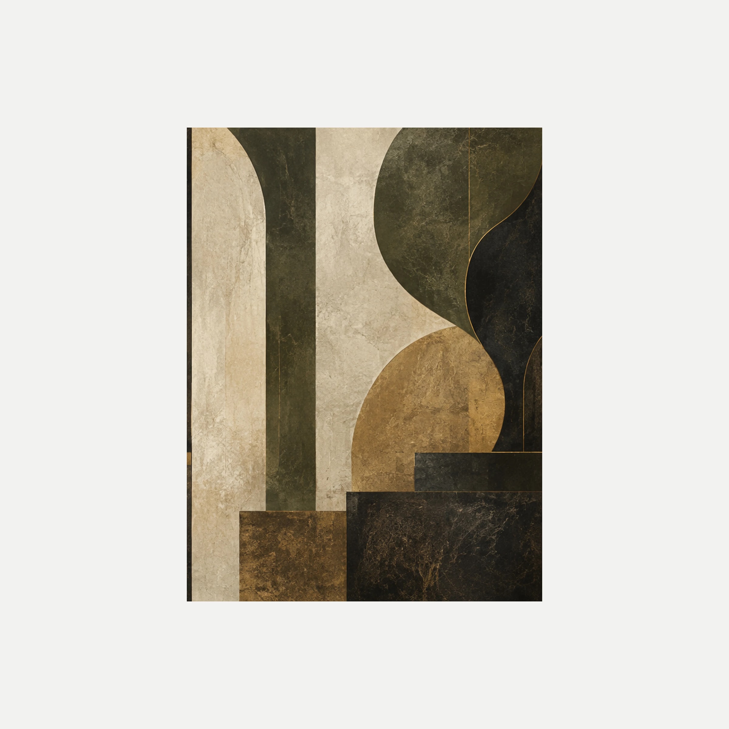 Museum Mantel III: una forma verde oscuro redondeada junto a una columna crema sobre bloques escalonados, sin marco, sobre fondo neutro.
