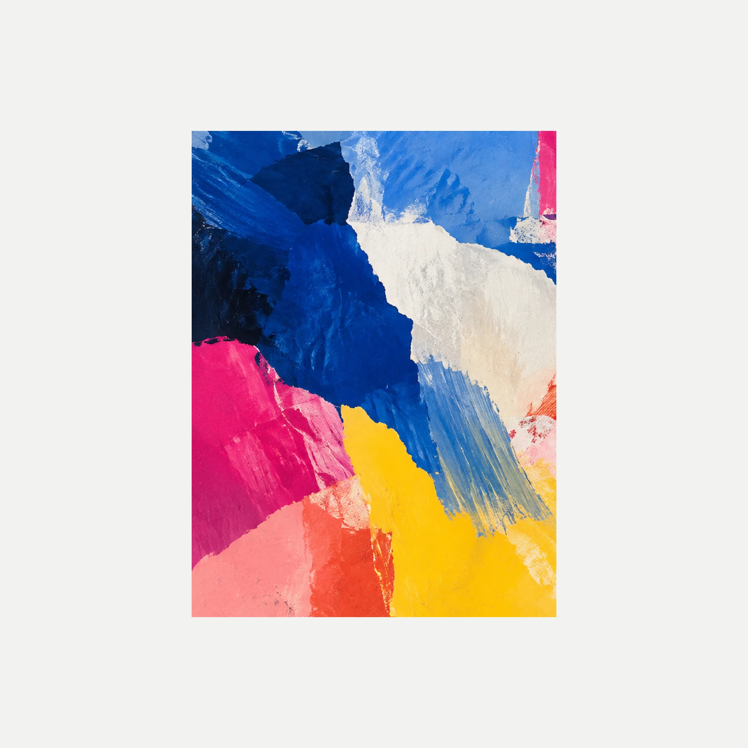 Pigment Parade I: grandes manchas azul cobalto y marfil sobre áreas rosa intenso y amarillo, sin marco, sobre fondo neutro.