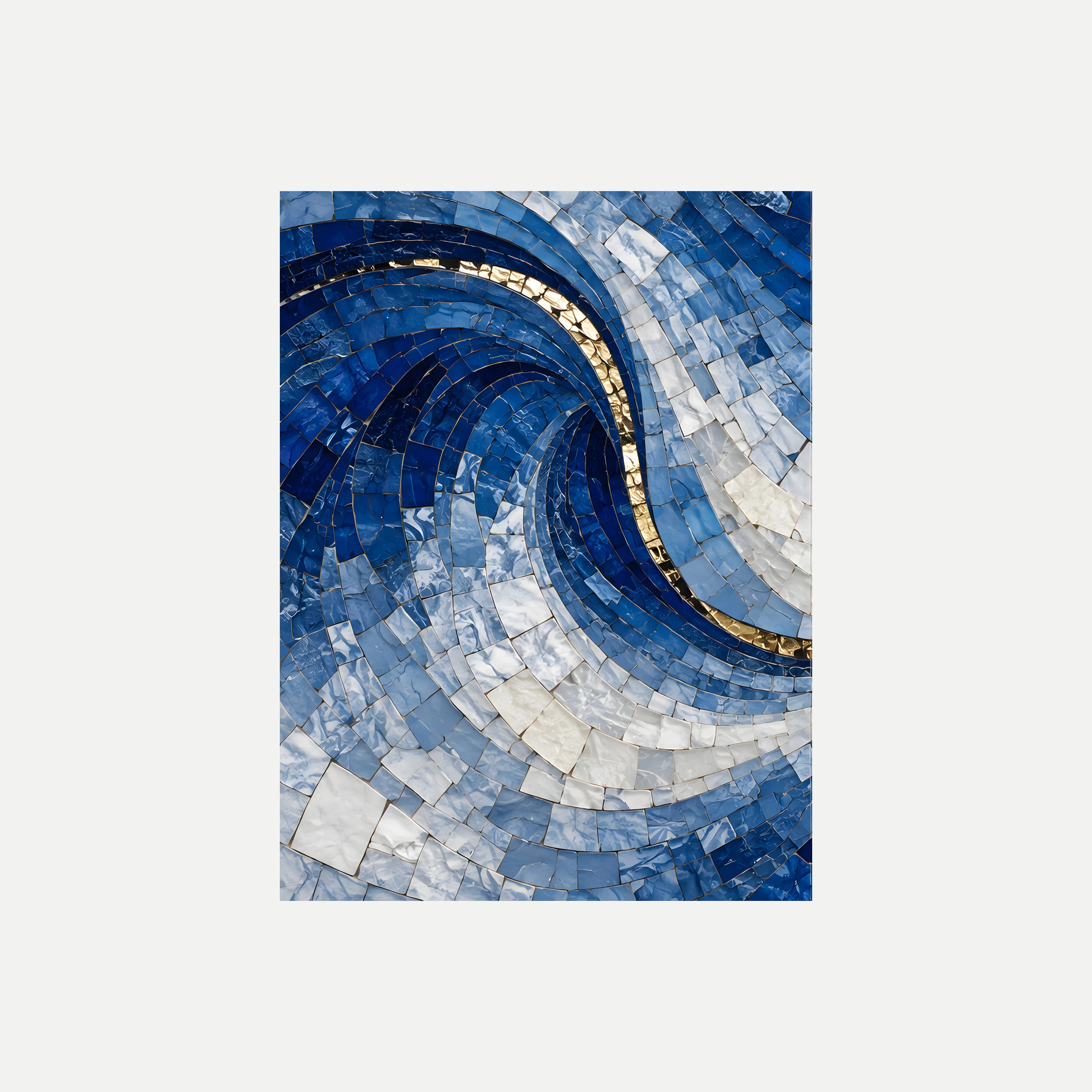 Tidal Tesserae I: un arco azul oscuro y bandas claras con apariencia de pequeñas teselas, sin marco, sobre fondo neutro.