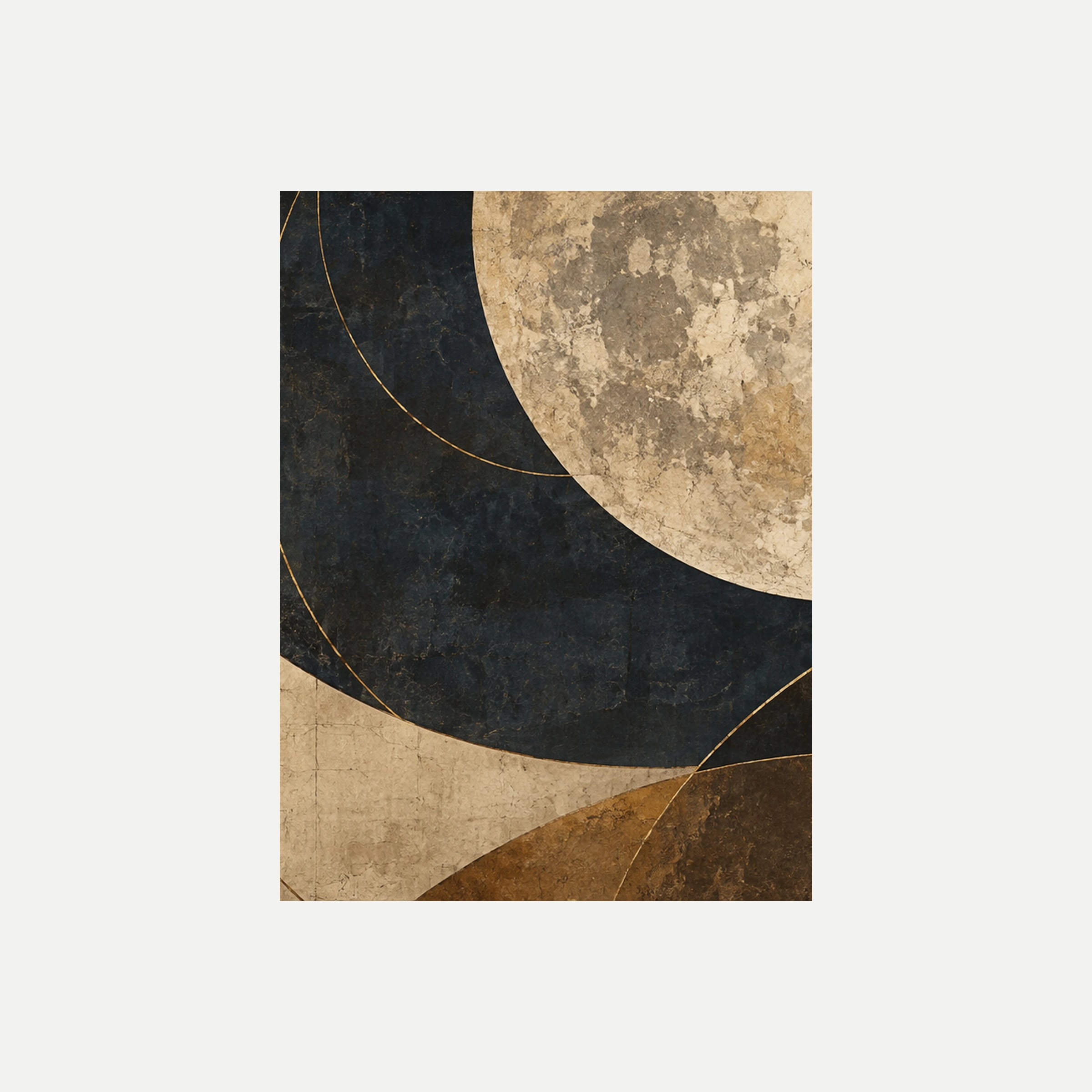 Parchment Moon II: un gran círculo crema parcialmente visible sobre una amplia curva azul noche, sin marco, sobre fondo neutro.