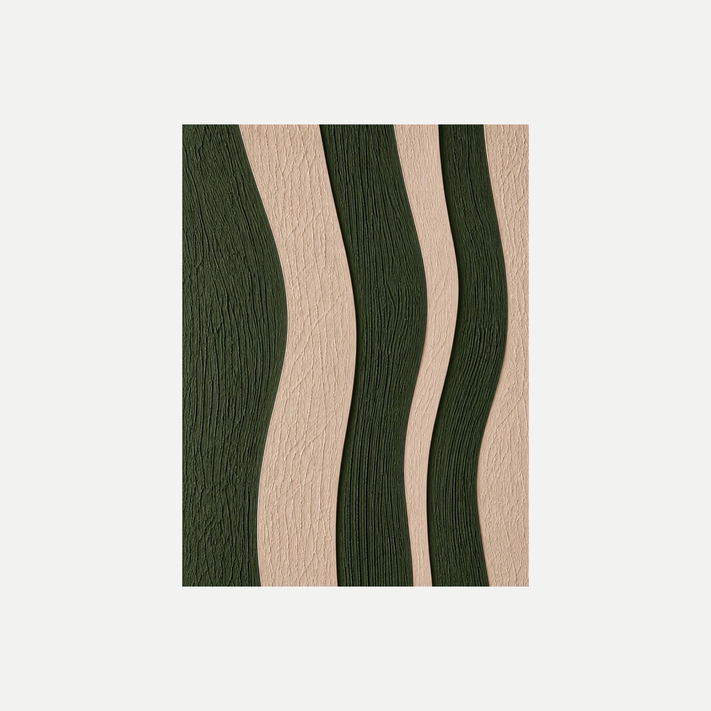 Verdant Relief III: líneas verdes oscuras y beige que se curvan suavemente en vertical, sin marco, sobre fondo neutro.