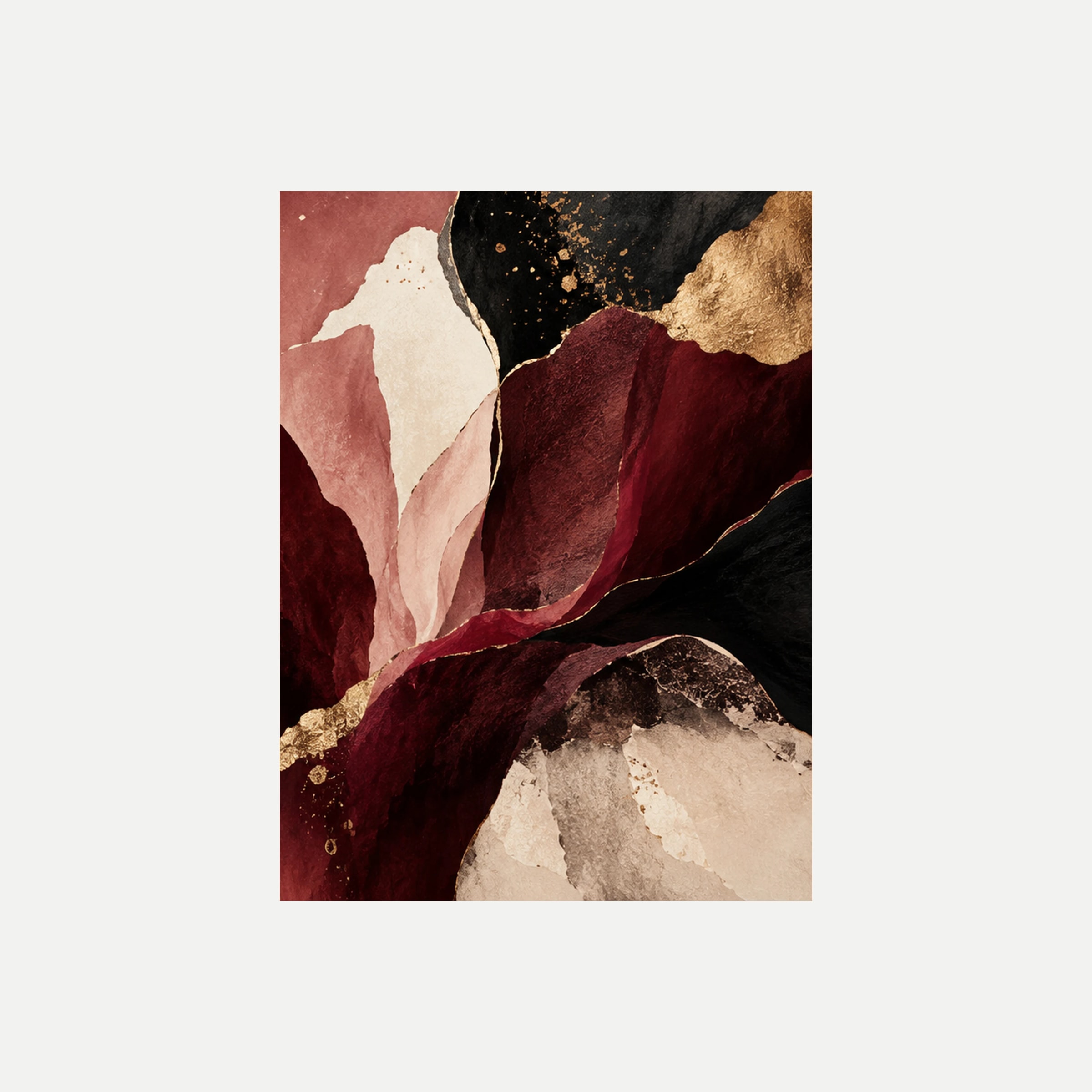 Garnet Garden III: una gran forma granate inclinada sobre negro con bordes de tono dorado, sin marco, sobre fondo neutro.