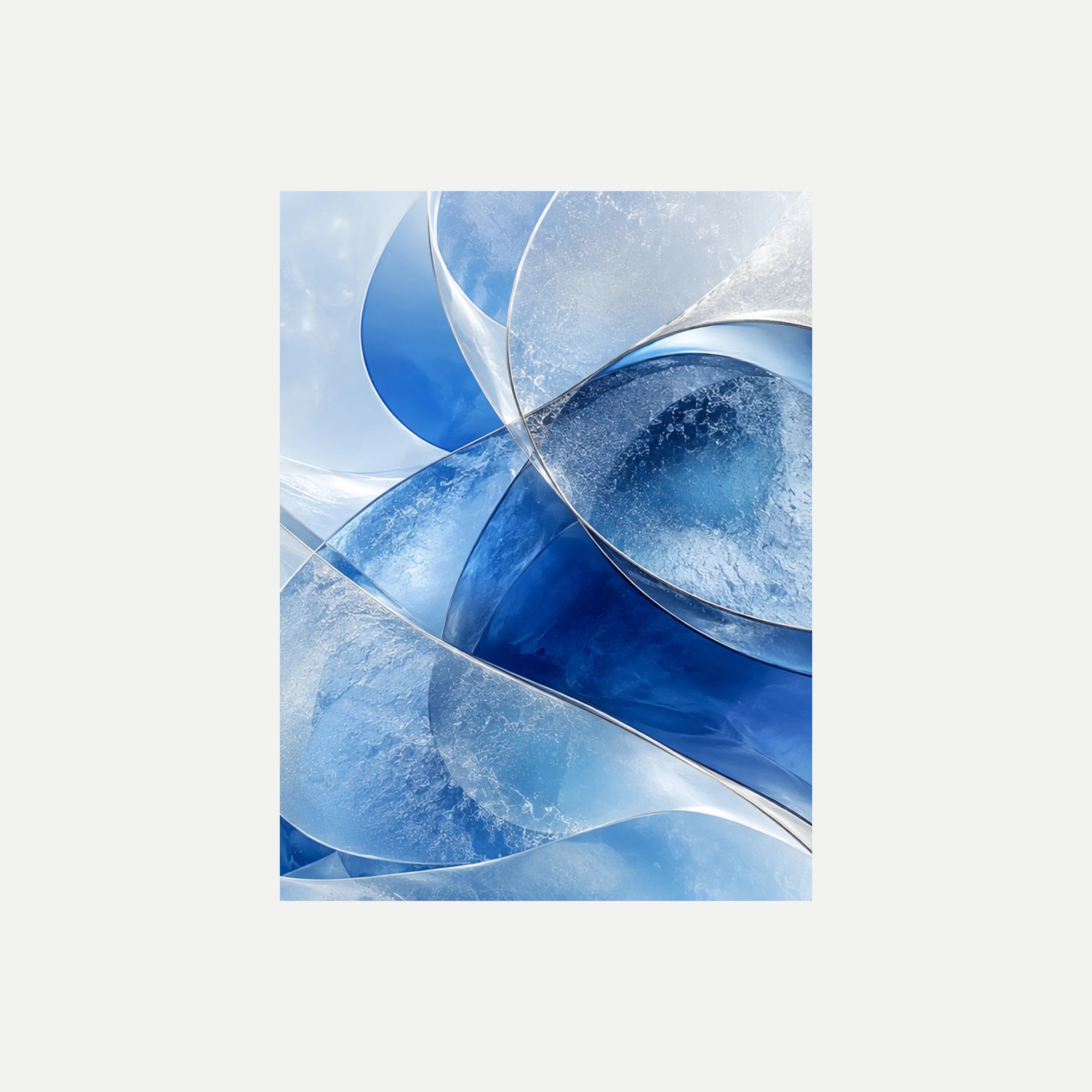 Luz en planos III: un giro de superficies azules y claras con transparencias representadas, sin marco, sobre fondo neutro.