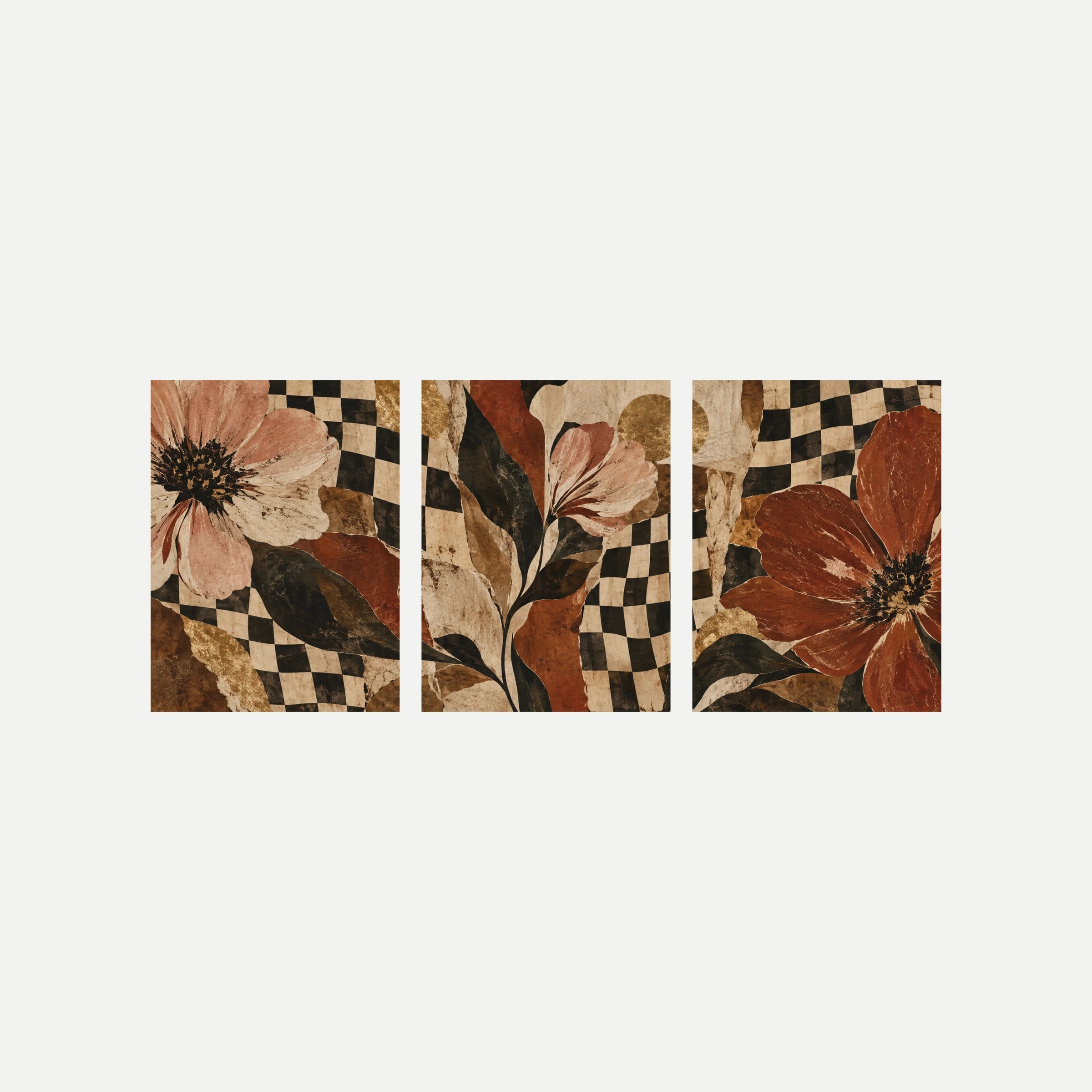 Tres láminas sobre fondo neutro con grandes flores terracota y rosa apagado, hojas oscuras y un damero irregular negro y crema.