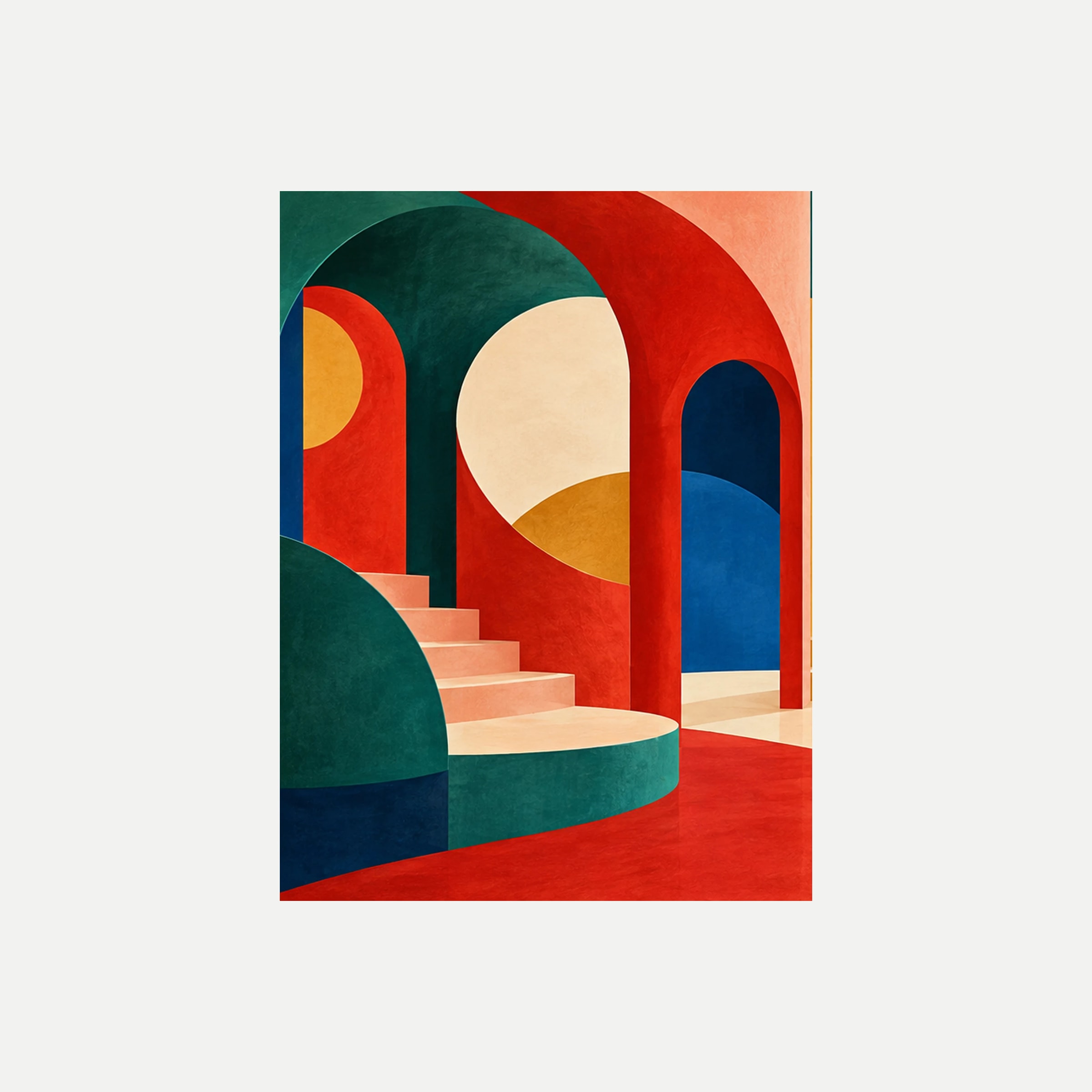 Poppy Arcade I: un gran arco rojo y verde con escalones claros sobre una base curva verde, sin marco, sobre fondo neutro.