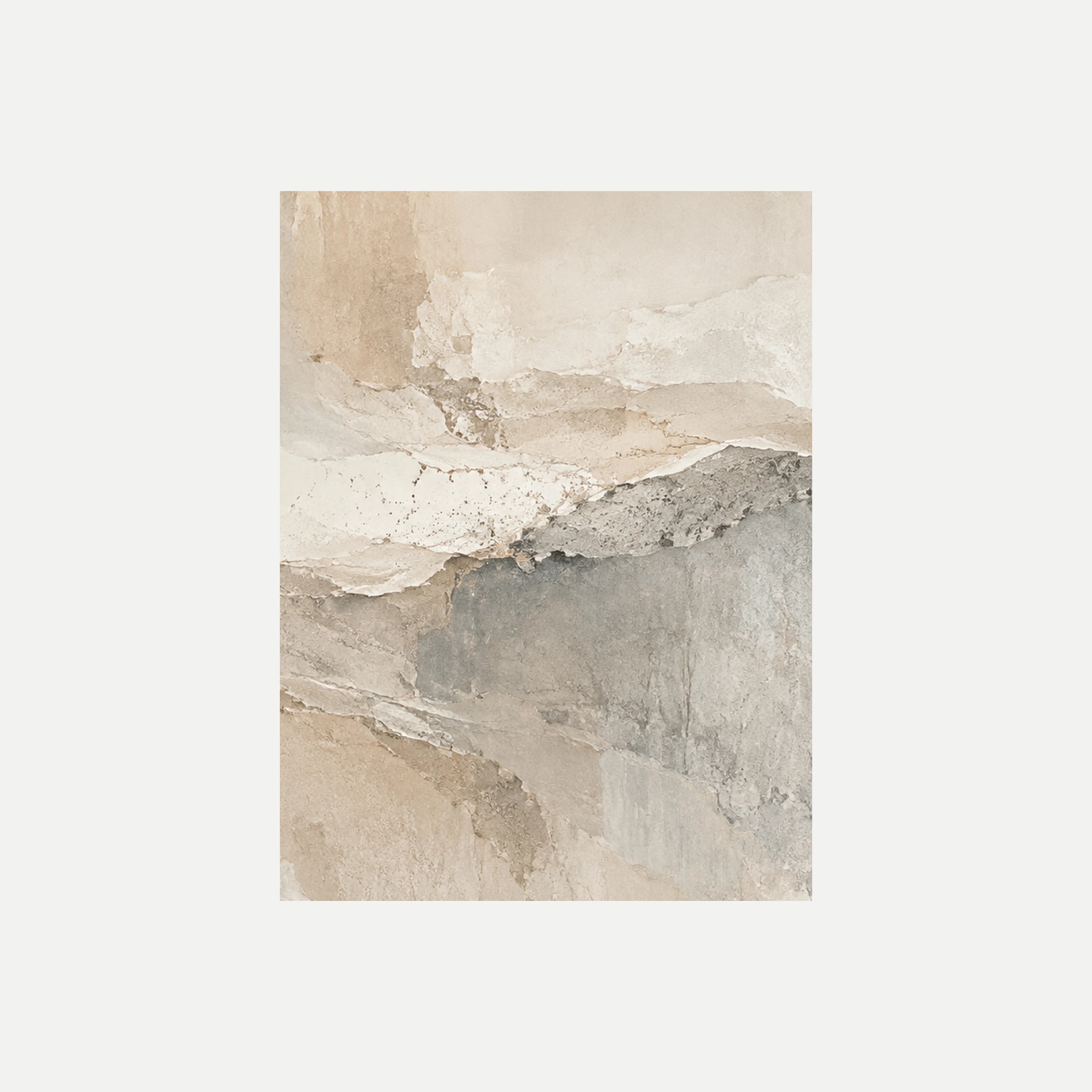 Salt And Clay III: una gran zona gris bajo capas claras de apariencia mineral, sin marco, sobre fondo neutro.