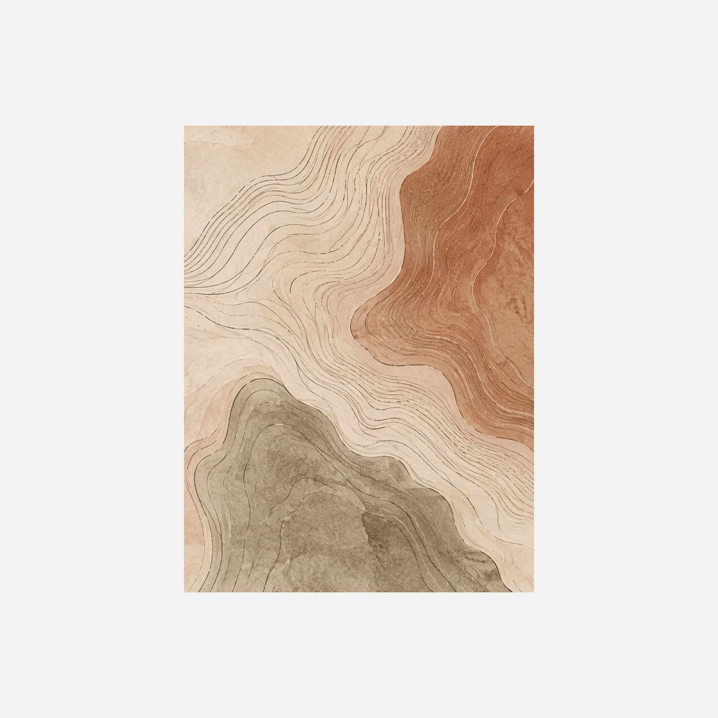 Mapa de dunas III: formas terracota y gris verdoso separadas por una franja crema de líneas onduladas, sin marco, sobre fondo neutro.