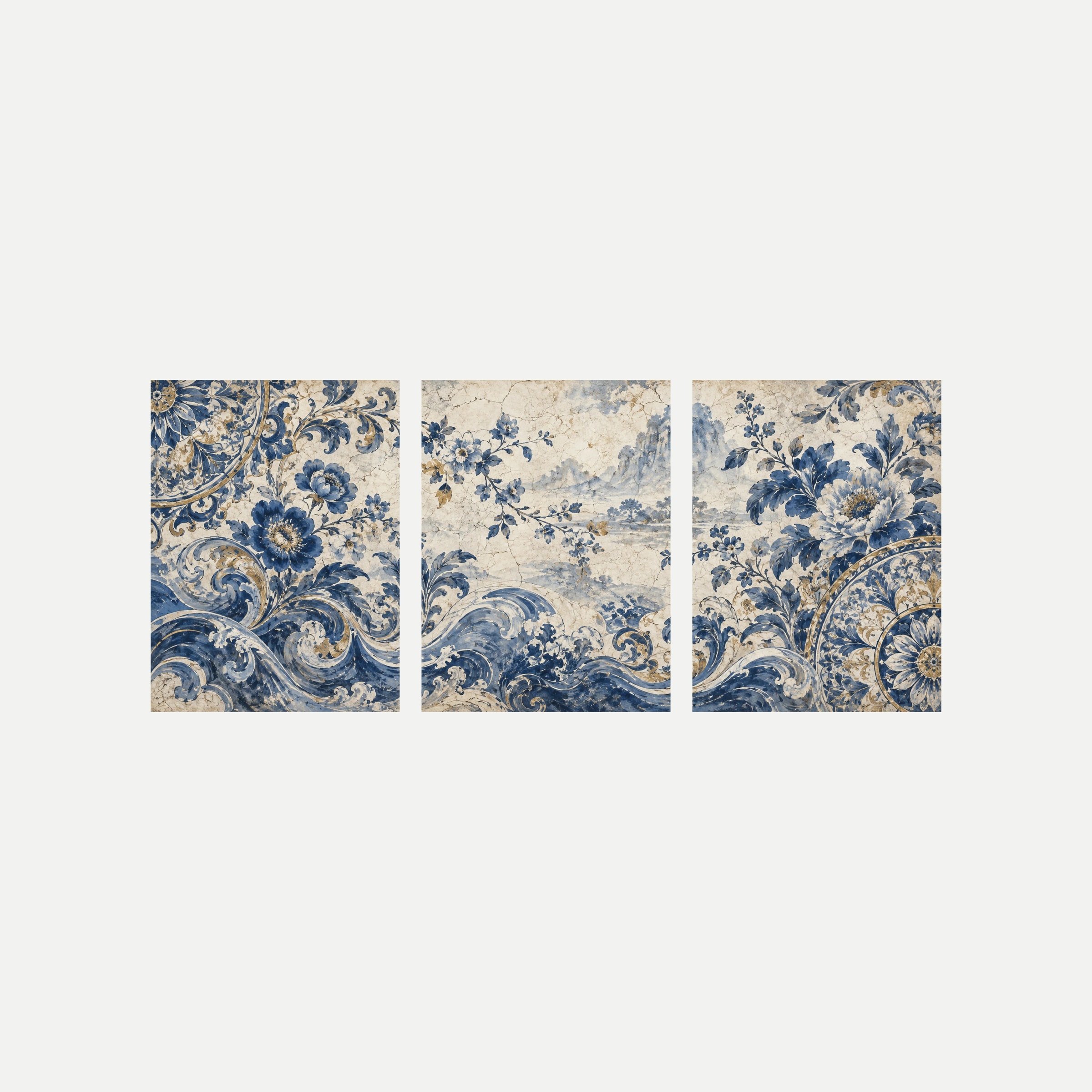 Tres láminas sobre fondo neutro con flores, curvas ornamentales y ondas de color azul sobre un fondo crema de apariencia envejecida.