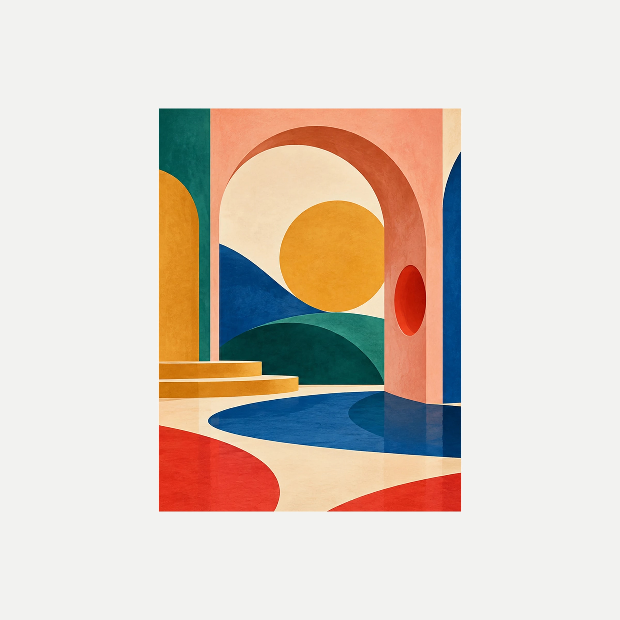 Poppy Arcade II: un arco crema con un disco amarillo sobre colinas verdes y un óvalo azul, sin marco, sobre fondo neutro.