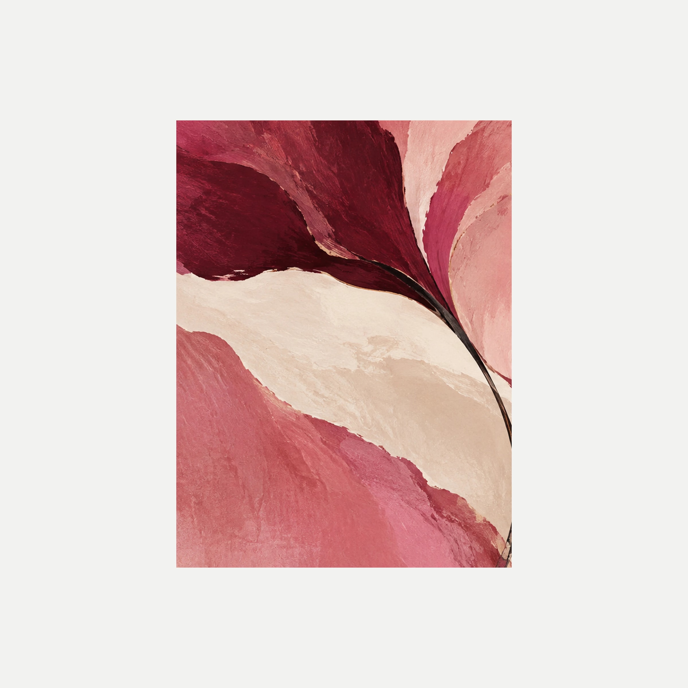 Gallery Rose I: pétalos granate y rosa sobre crema unidos por un tallo oscuro, sin marco, sobre fondo neutro.