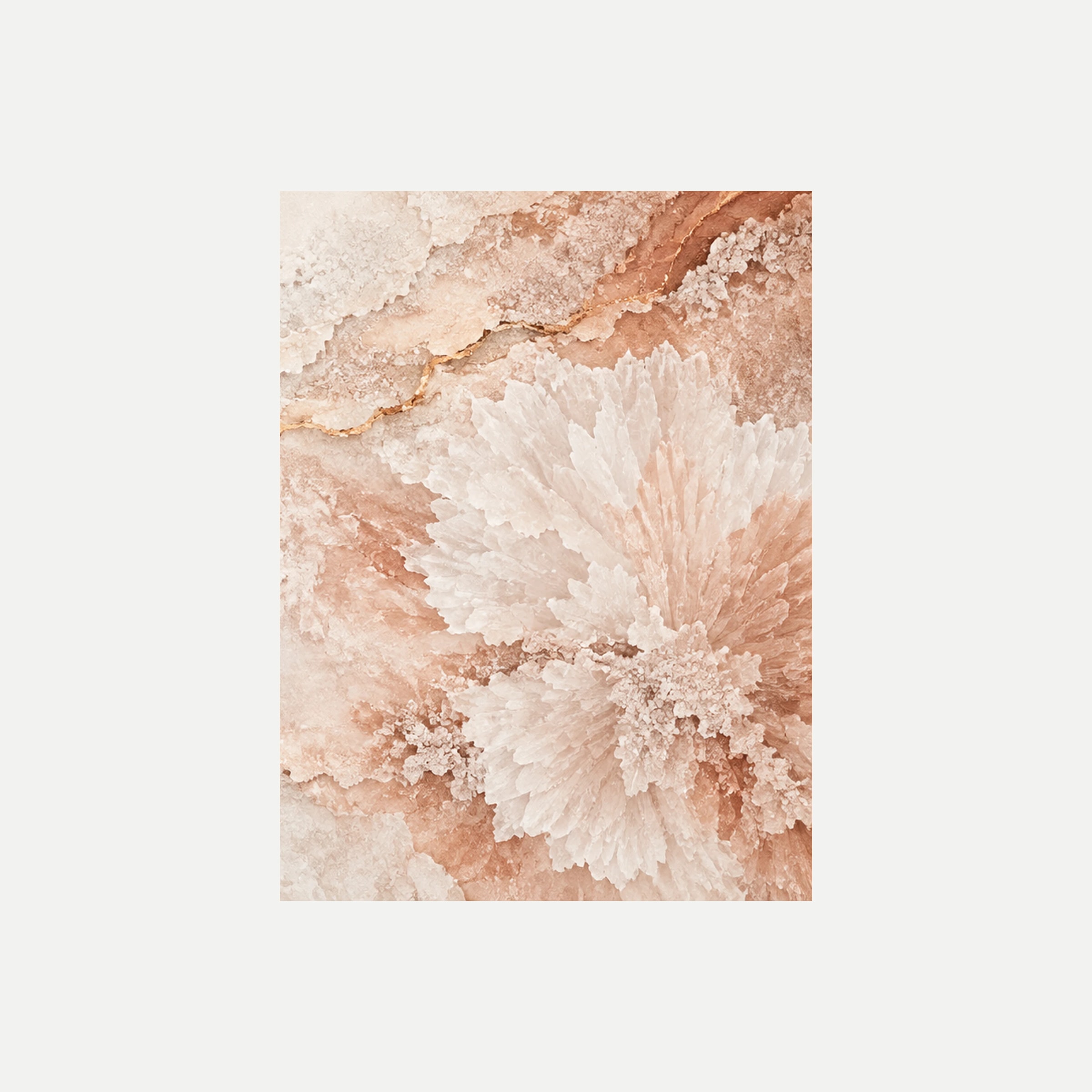 Coral de arcilla III: una gran forma blanca ramificada que se abre en abanico entre manchas rosadas, sin marco, sobre fondo neutro.