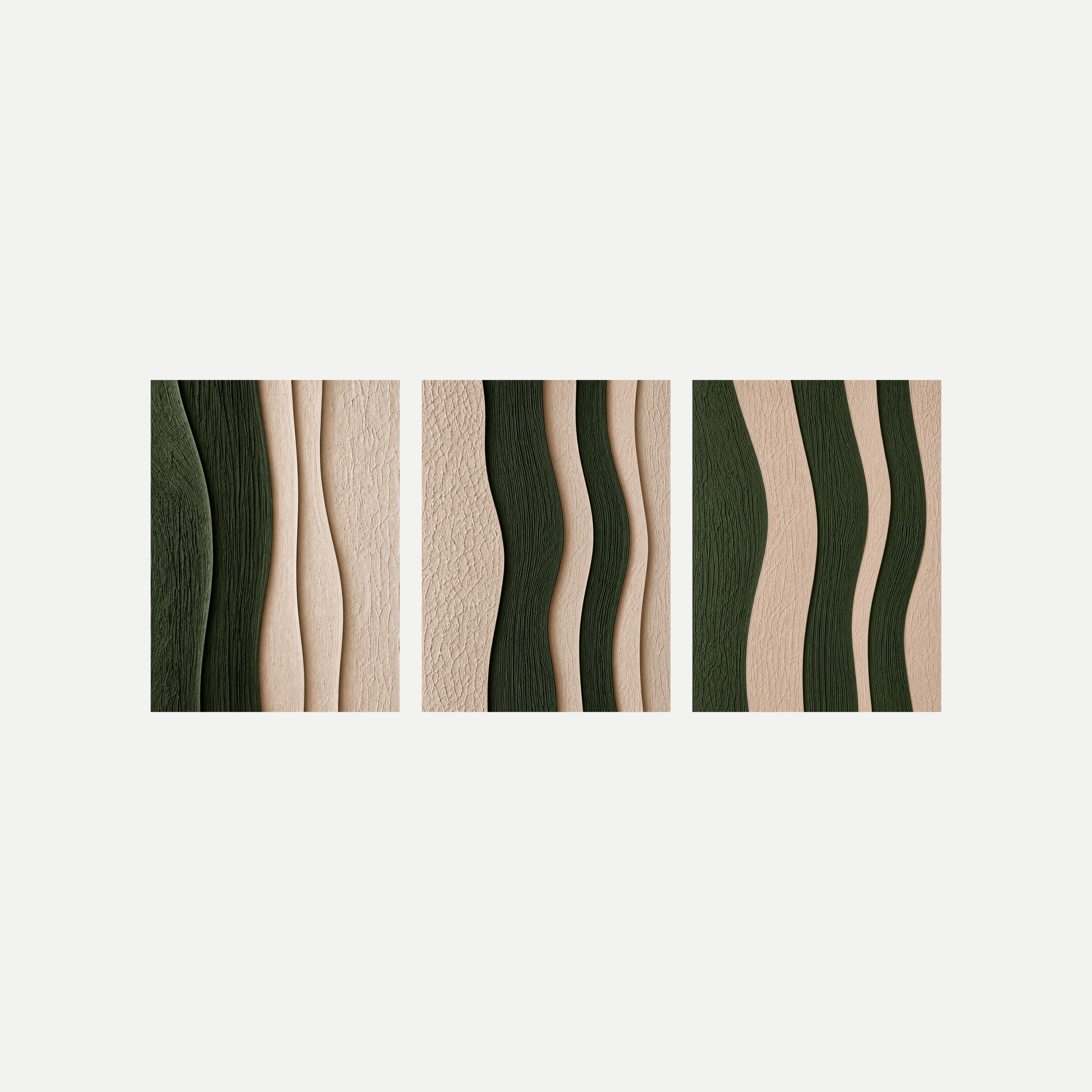 Tres paneles sobre fondo neutro con bandas verticales onduladas verde oliva y beige de apariencia texturada.