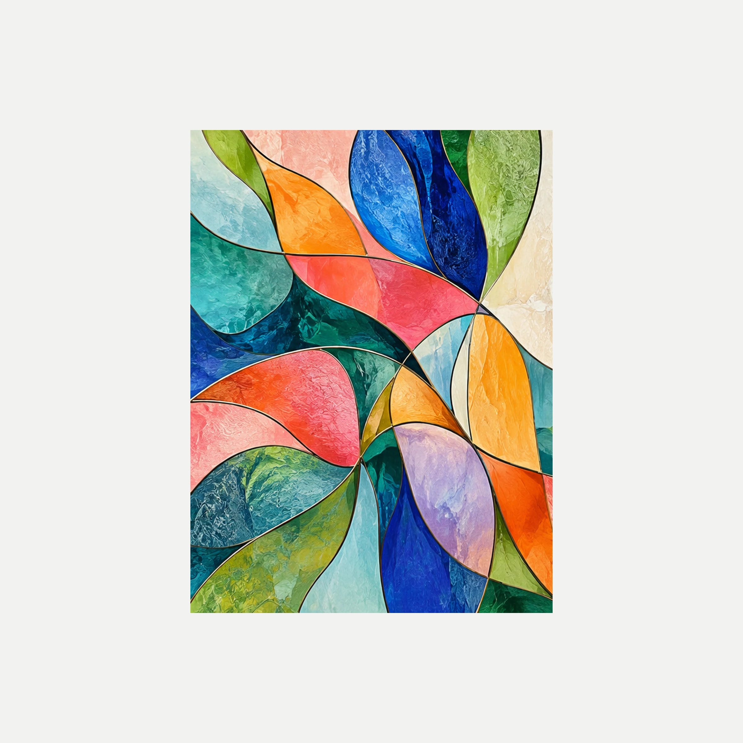 Vitral botánico I: formas de hojas verdes, naranjas y azules separadas por contornos oscuros, sin marco, sobre fondo neutro.